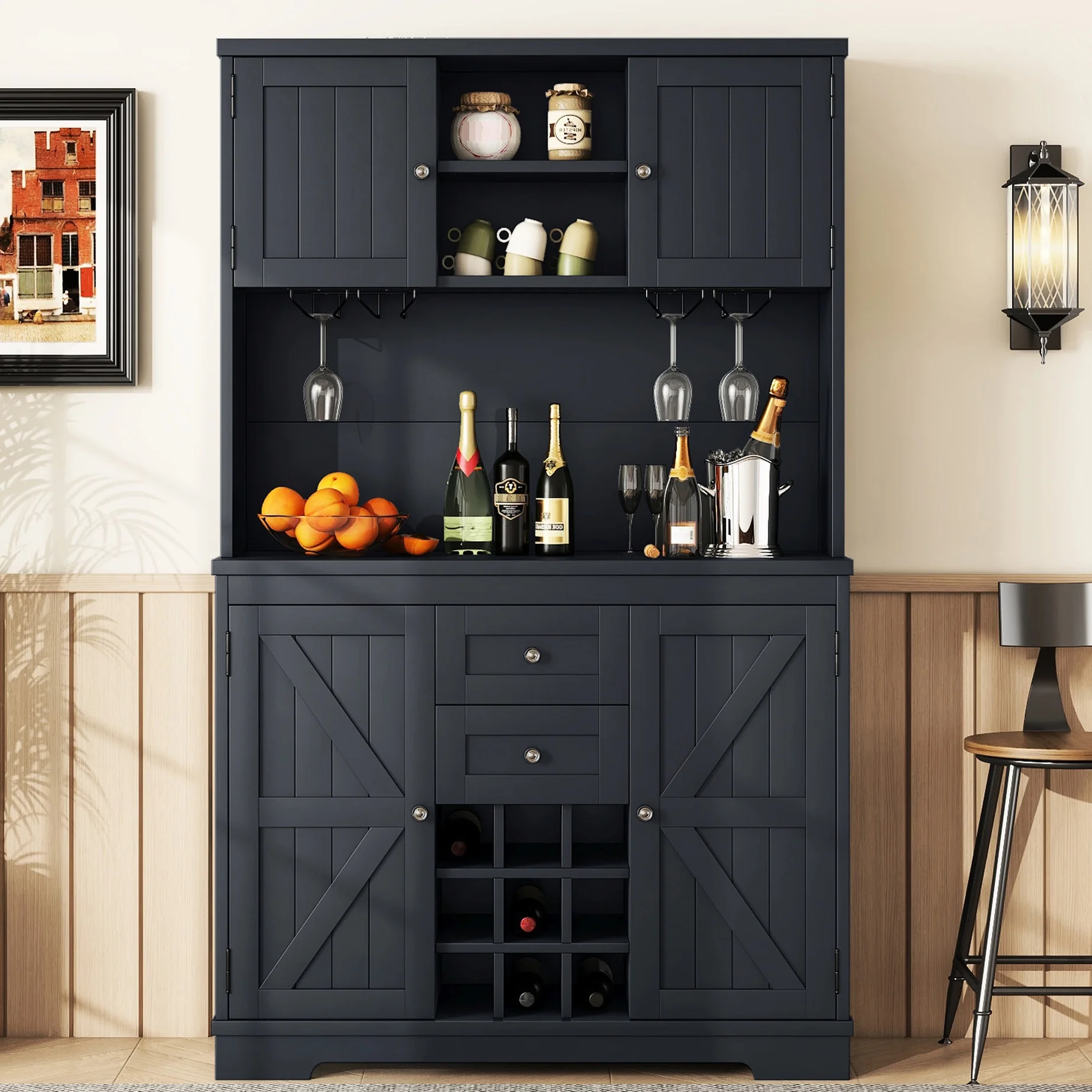 Dark Blue Dining Room Storage Cabinet With Shelves Coffee Bar Drawers For Kitchen Antique Drawers, Shelves, And Cabinets(Antique Blue) - Image 2