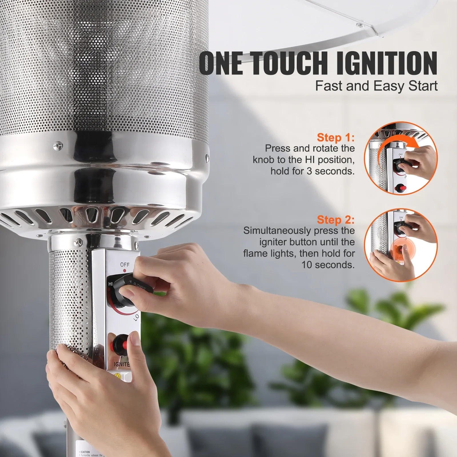 KFFKFF Outdoor Patio Heater, 50000BTU Propane Powered, Elegant Hammered Finish with Circular Table Feature, Durable Metal Burner & Portable Wheels, Ideal for Garden, Patio, Party, Backyard