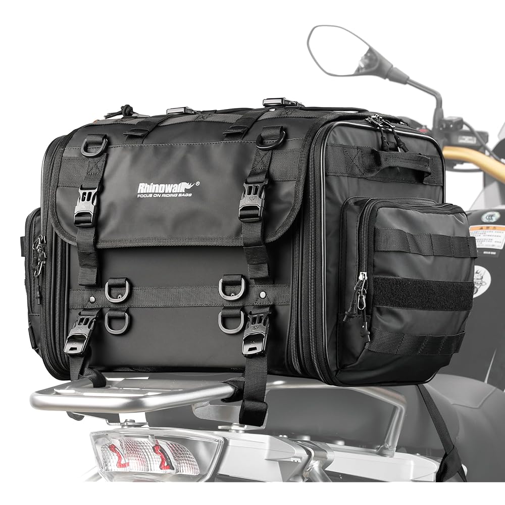 Rhinowalk Motorcycle Tail Bag, Expandable Motorcycle Travel Luggage Bags 60L, Waterproof All-Weather Trunk Rack Bag with Sissy Bar Straps & Helmet Rain Cover-Black