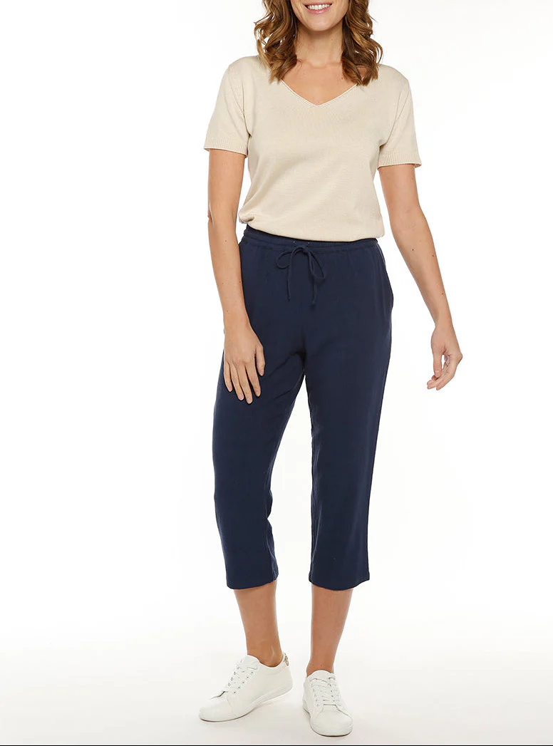 Pantacourt fluide femme en lin bleu marine
