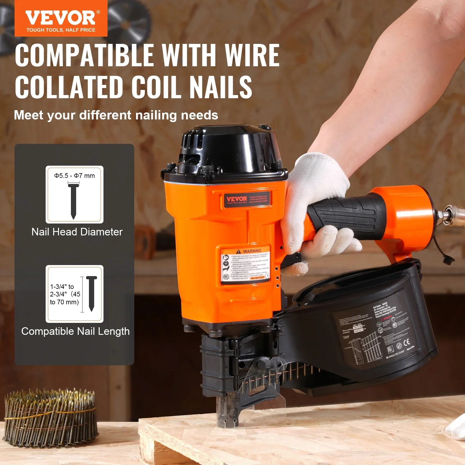 VEVOR Coil Siding Nailer MCN70, 1-3/4 to 2-3/4 15 Degree Pneumatic Siding Nail Gun, 70-120PSI Air Coil Nailer for Pallet, Crating, Framing, Siding and Fencing