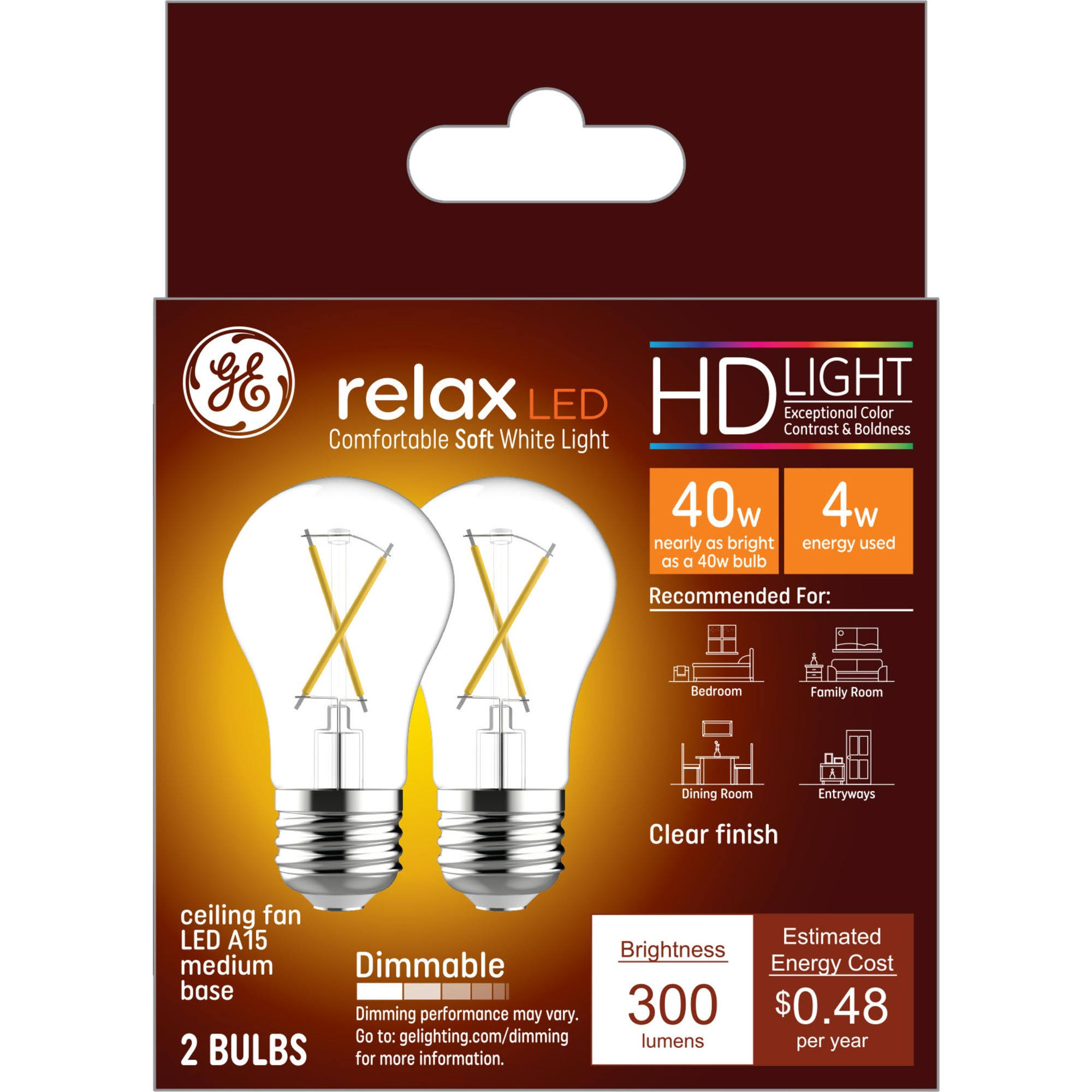 Ge Relax Light Bulbs, LED, Ceiling Fan, Soft White, 40 Watts - 2 light bulbs