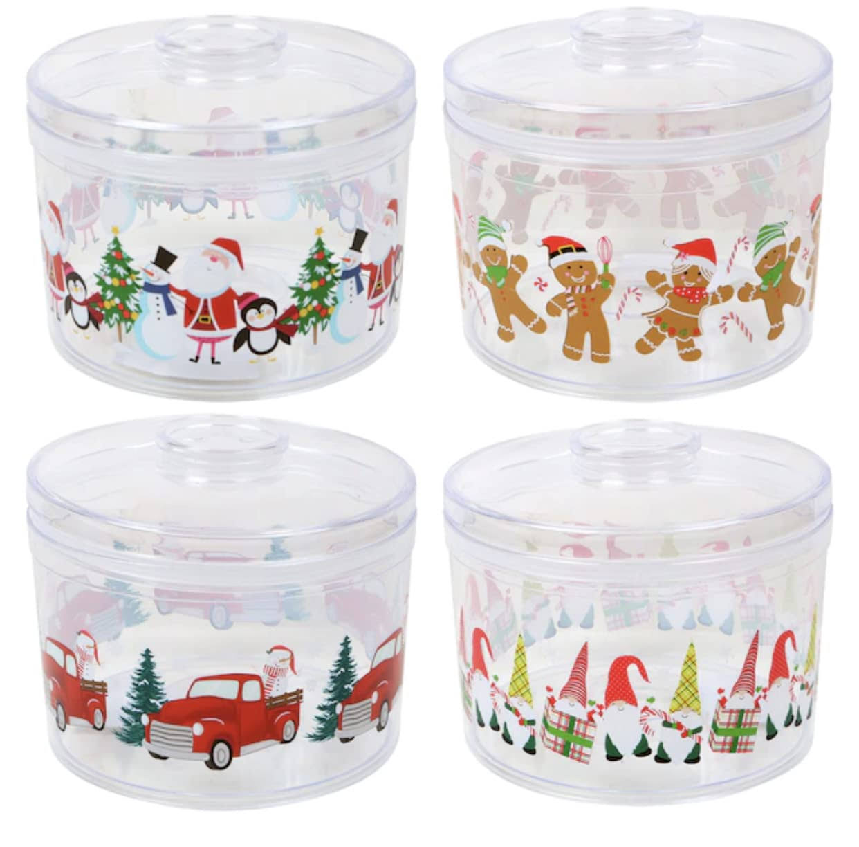 Decorative Christmas Holiday Themed Plastic Containers Jars with Stackable Lids for Cookies, Snacks, Candies, Treats Gnomes, Gingerbread Men, Snowmen,