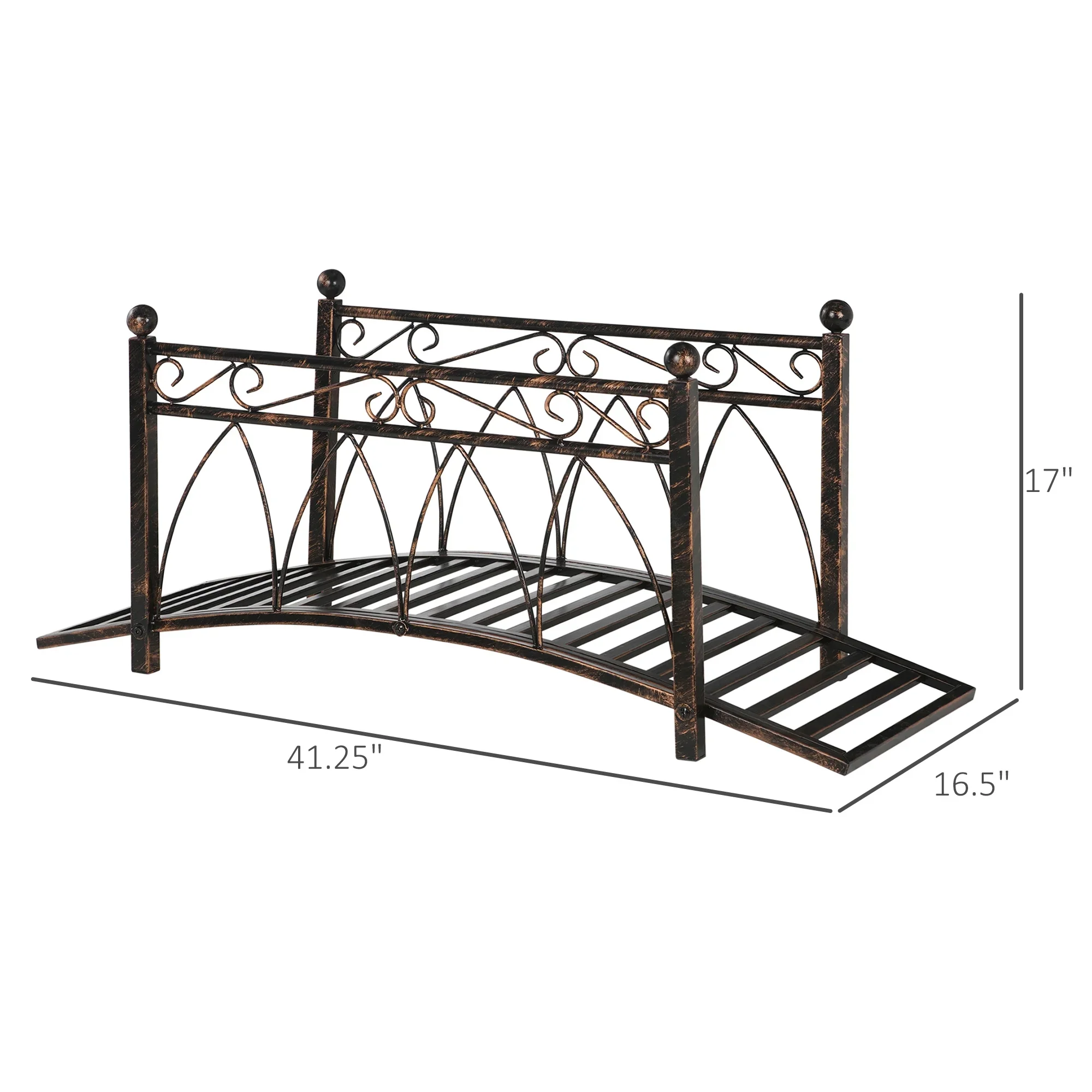 Outsunny 3.3' Metal Arch Zen Garden Bridge with Safety Siderails, Decorative Footbridge, Delicate Scrollwork & Corner Spheres for Stream, Black