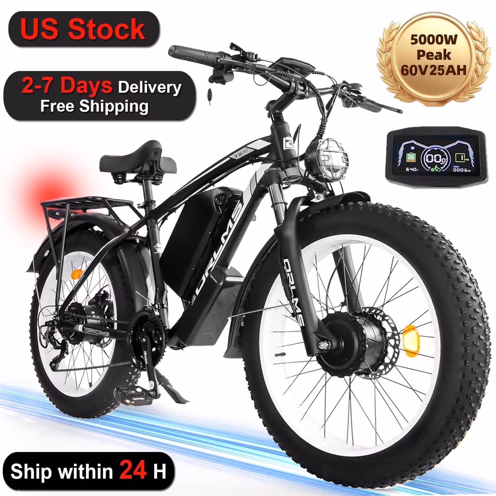 (US in Stock) 5000W Peak Dual Motor Electric Bike for Adults , 60V 25AH Removable Battery Ebike , 50MPH AWD 21-Speed Mountain Snow E-Bike with 26" x 4.0 Fat Tire, Long Range Mountain Off-Road EBikes(Black-Blue) - Image 3