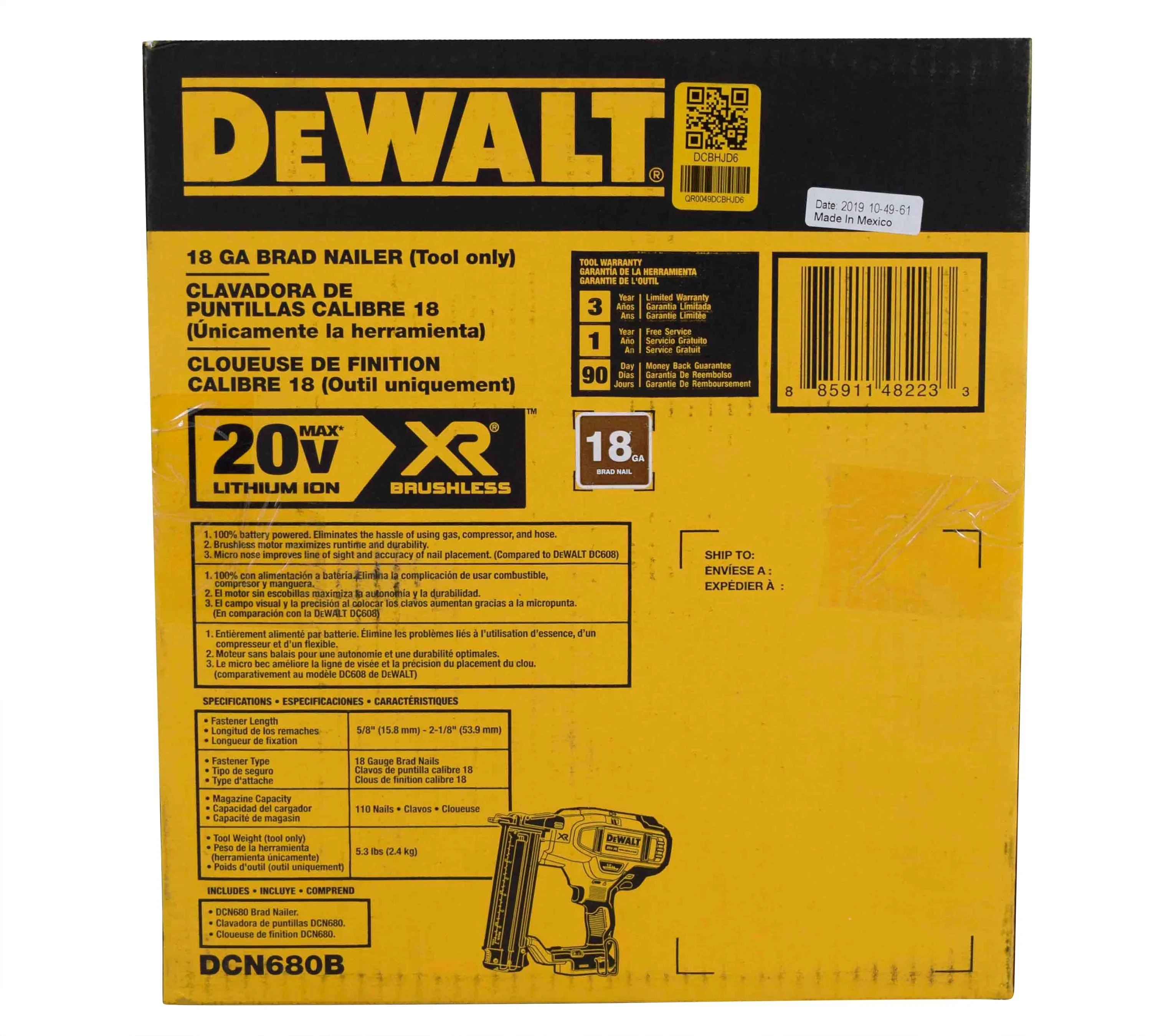 DEWALT DCN680B 20V MAX 18-Gauge Cordless Brad Nailer �C Brushless Motor, Tool-Free Adjustments (Bare Tool)