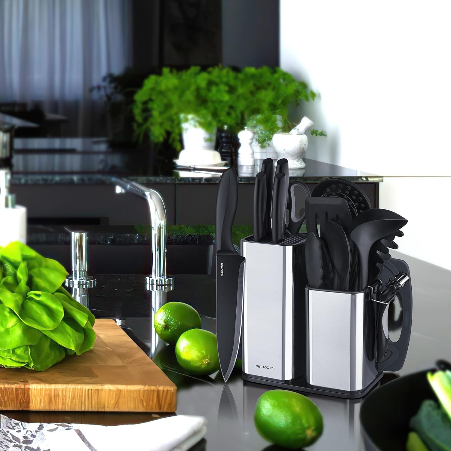 RAXCO Kitchen Utensils Set, 18-Piece Cooking Utensils and Knife Set, Black