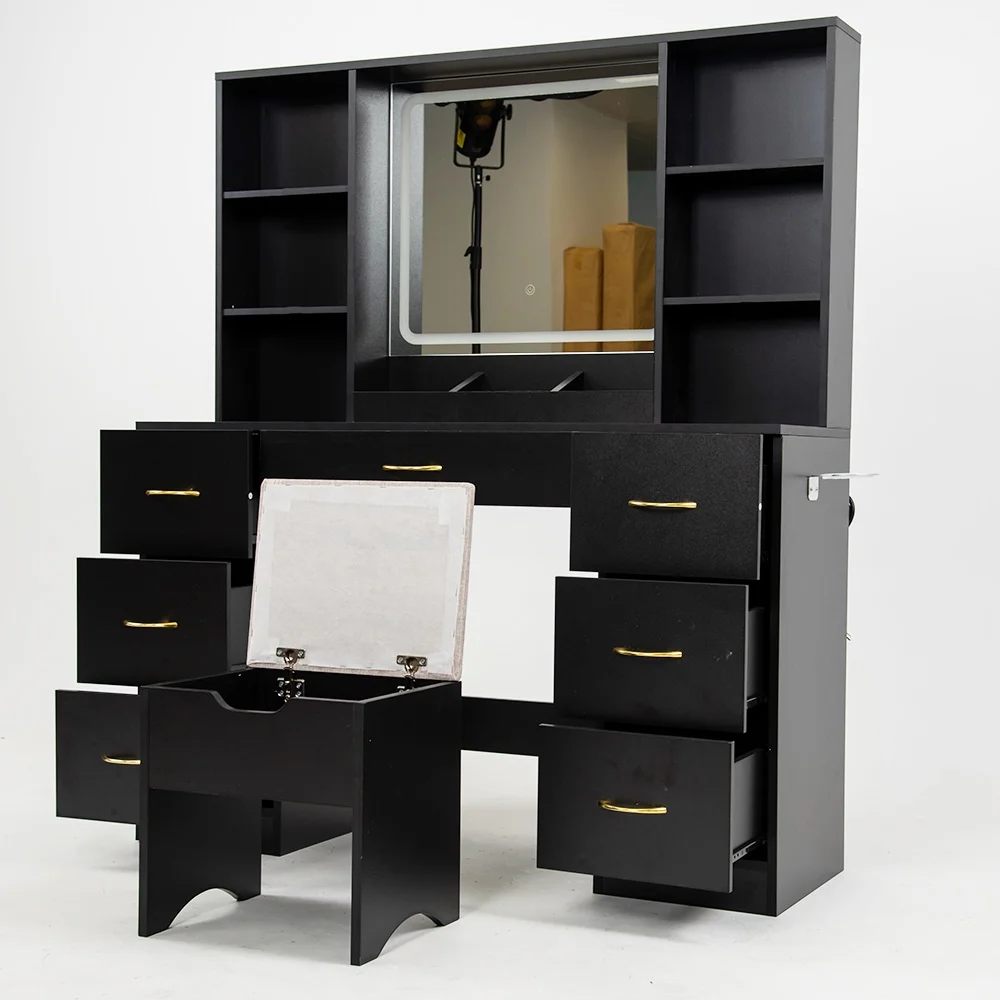 47" Large Vanity Desk with Lighted Mirror Charging Station, Black Makeup Vanity with 7 Drawers 6 Shelves, Vanity Set with Cushioned Stool(Black) Image 8