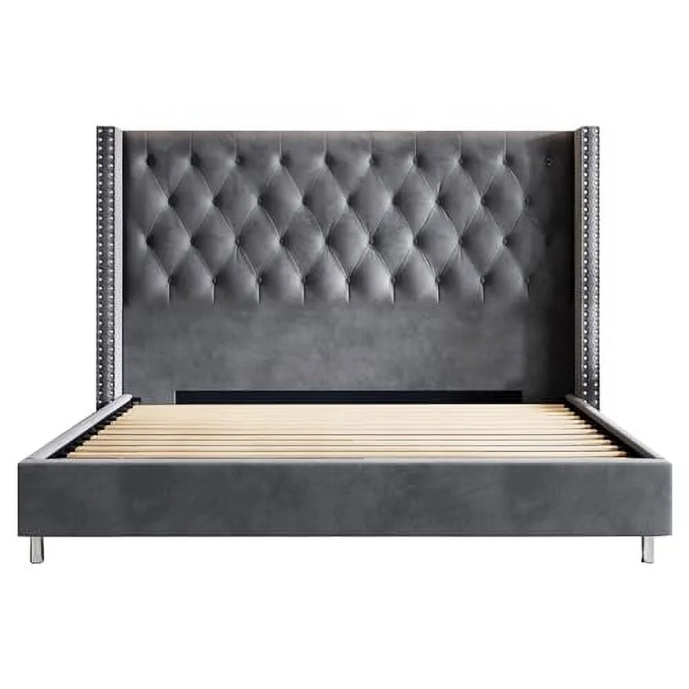 Vanacc Queen Bed Frame Upholstered Bed Wingback Headboard Velvet Tufted Diamond Button/No Box Spring Needed/Easy Assembly/Gray