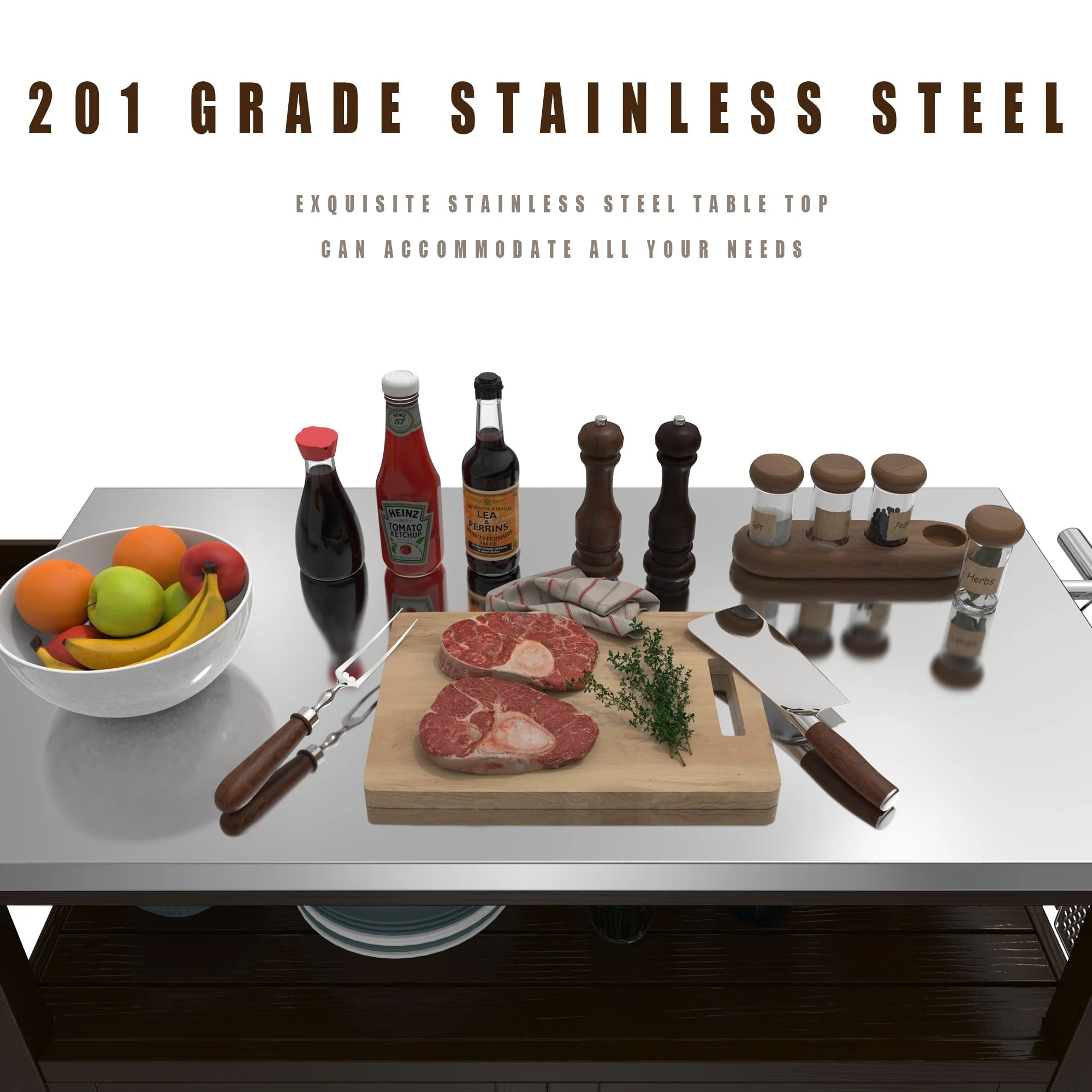 Outdoor Prep Table Grill Station, Solid Wood Movable Dining Cart Table, Dark Brown Image 3