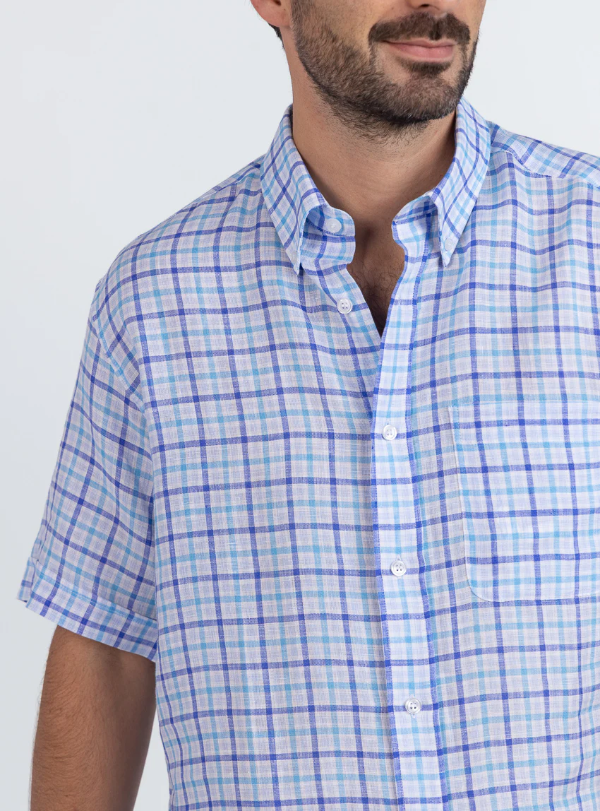 Chemise homme en lin carreaux bleus