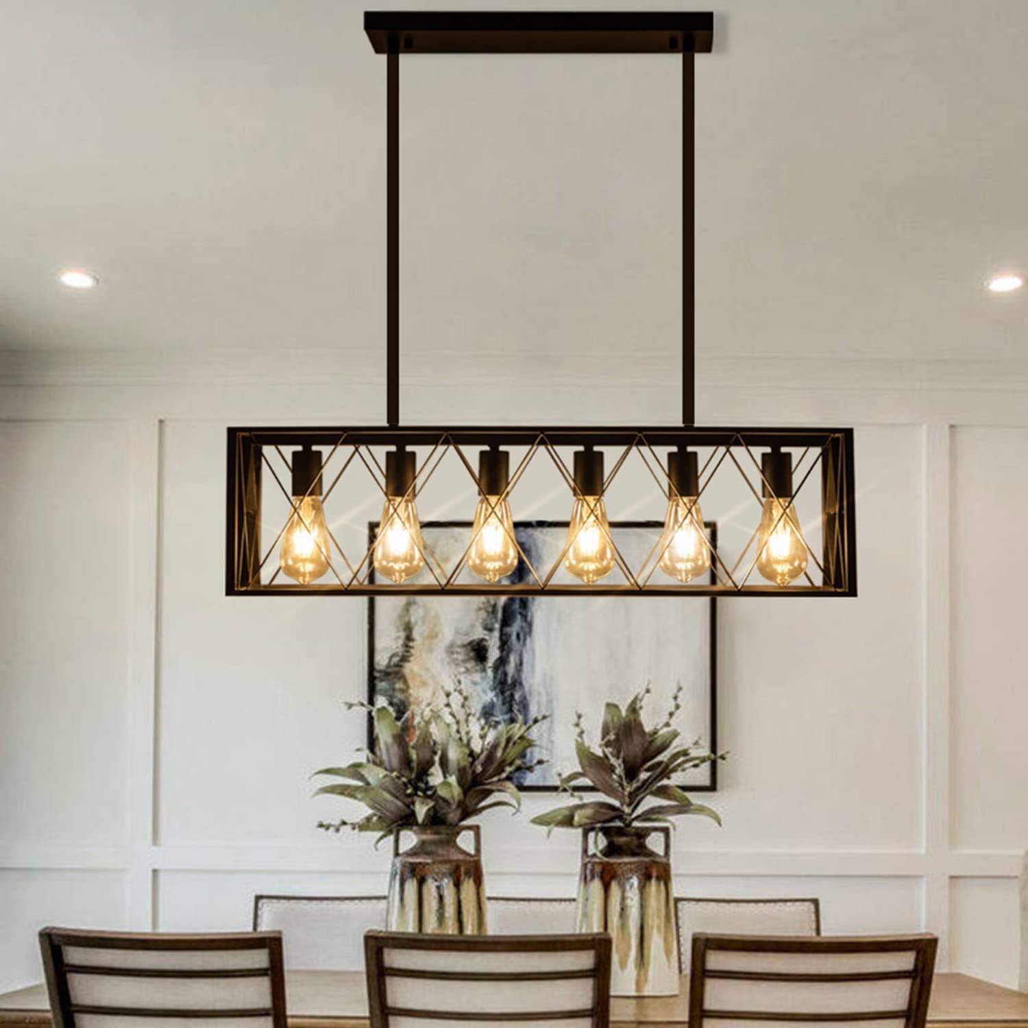 Pretoy Kitchen Island Pendant Lighting 6-Light Black Metal Industrial Bar Chandelier Fixtures Vintage Hanging Farmhouse Rectangle Linear Chandelier