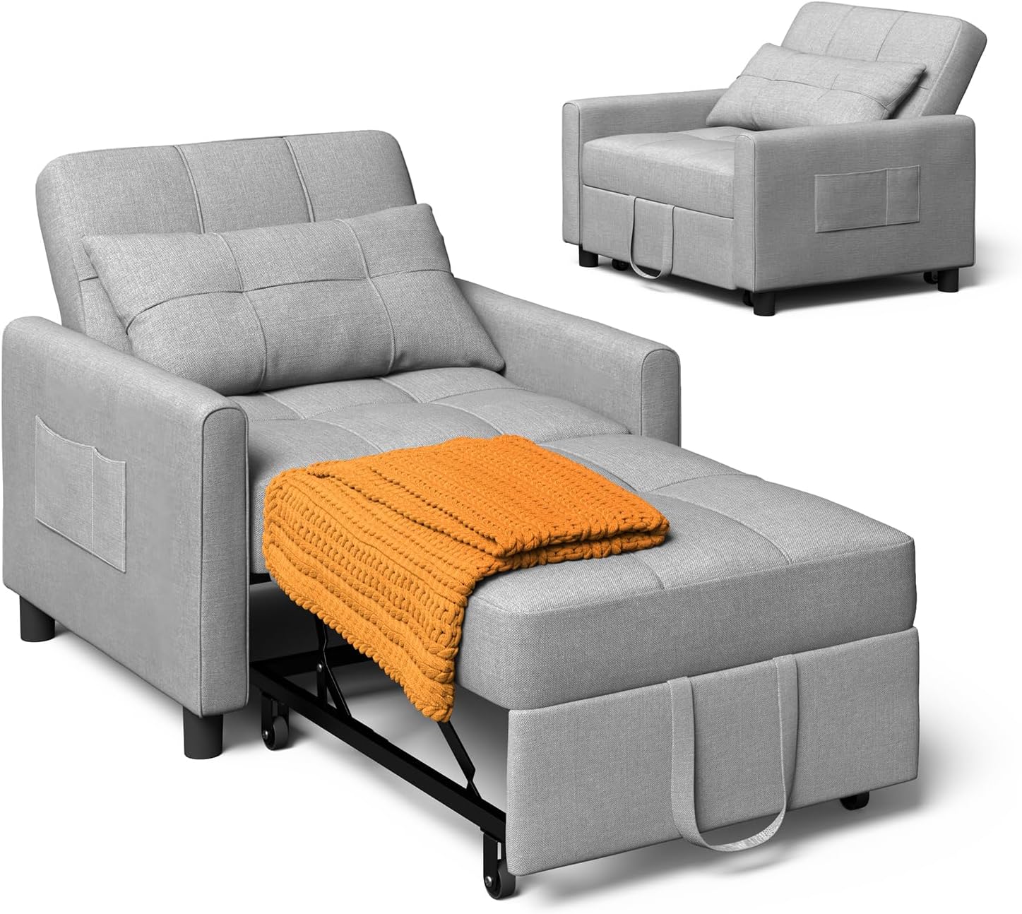 Xbro Schlafsessel 3-in-1-Convertible-Stuhl-Bett, Schlaferstuhl mit bettfunktion, Verstellbares Schlafsofa mit Kissen und Tasche, Sessel mit schlaffunktio für kleine Wohnung (Hellgrau)