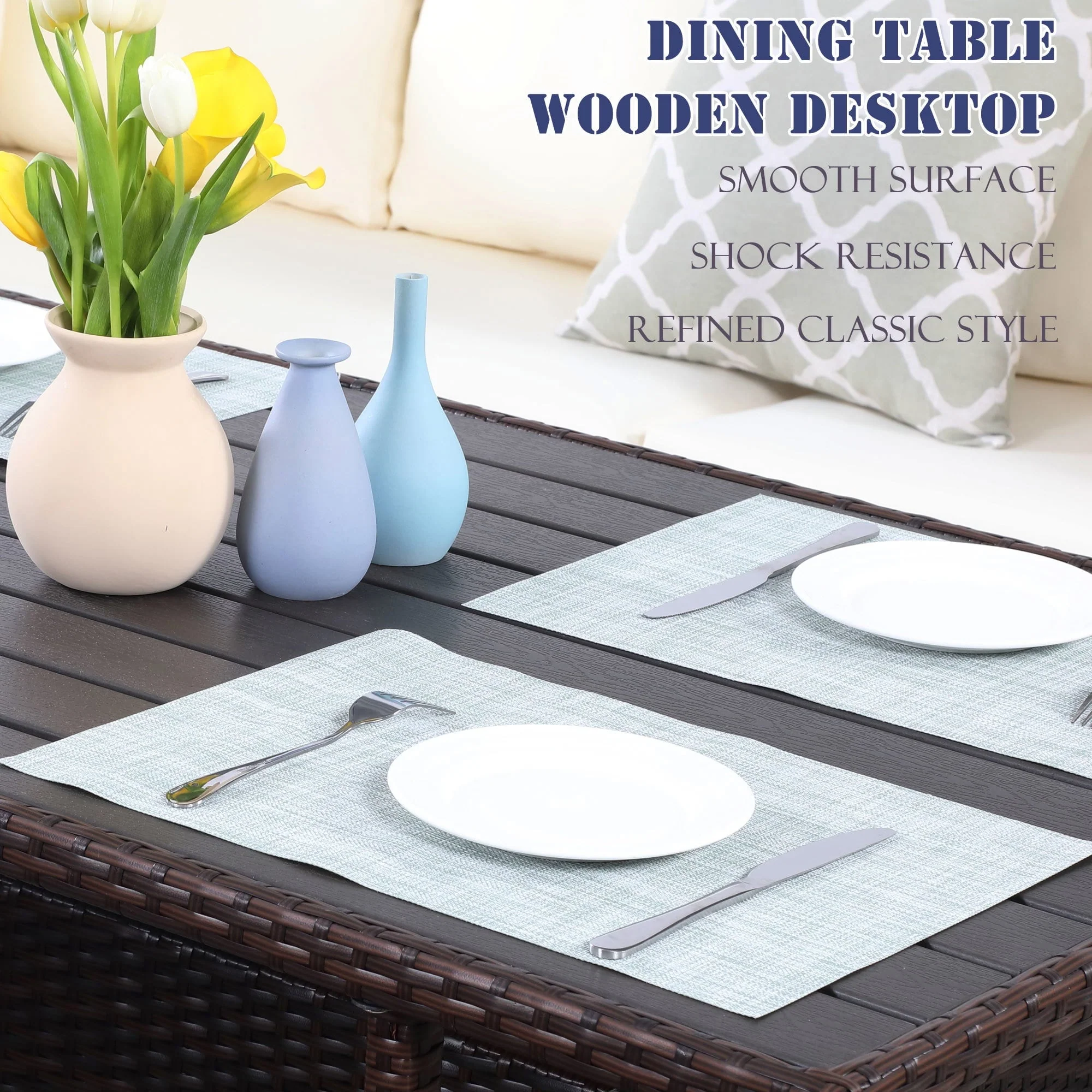 7 Pcs Outdoor Wicker Dining Set Patio Sectional Conversation Set with Table,Steel Frame,Ivory(Blue) Image 5