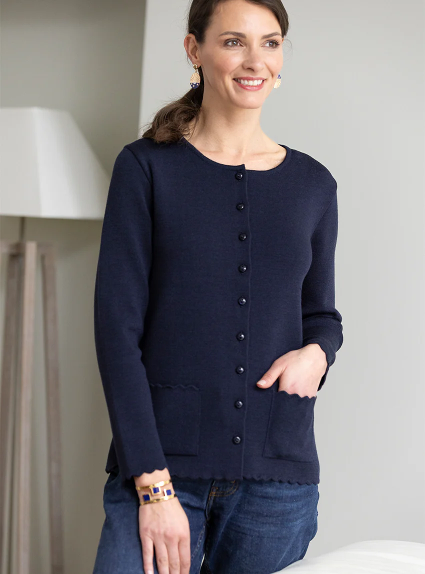 Cardigan femme en laine mérinos Bleu Marine