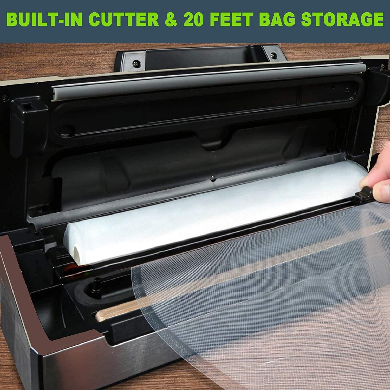 Precision Vacuum Machine,Pro Food Sealer with Built-in Cutter and Bag Storage(Up to 20 Feet Length), Both Auto&Manual Options,2 Modes,Includes 2 Bag Rolls 11”x16’ and 8”x16’,Compact Design