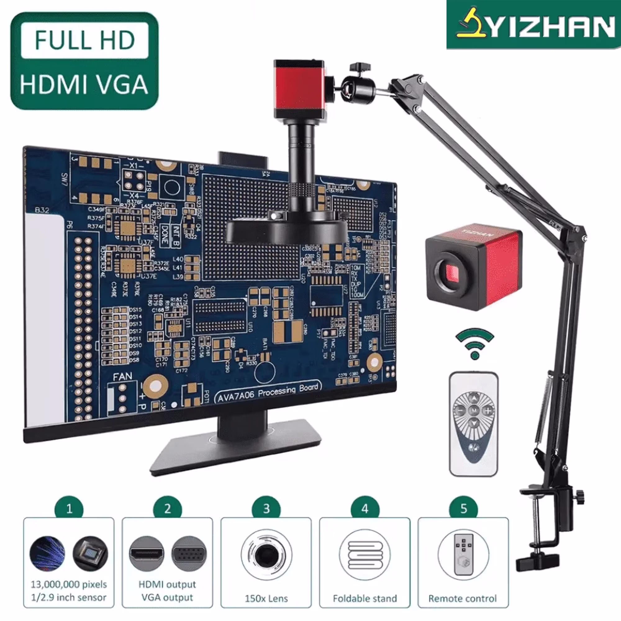 Digital Microscope for Adult 13MP 1080P HDMI VGA Industrial Video Microscope with 150X Zoom C-Mount Lens Foldable Stand LED Ring Light for Electronics Inspection, Jewelry and Watch Repair(13MP/HDMI/1080P/VGA)