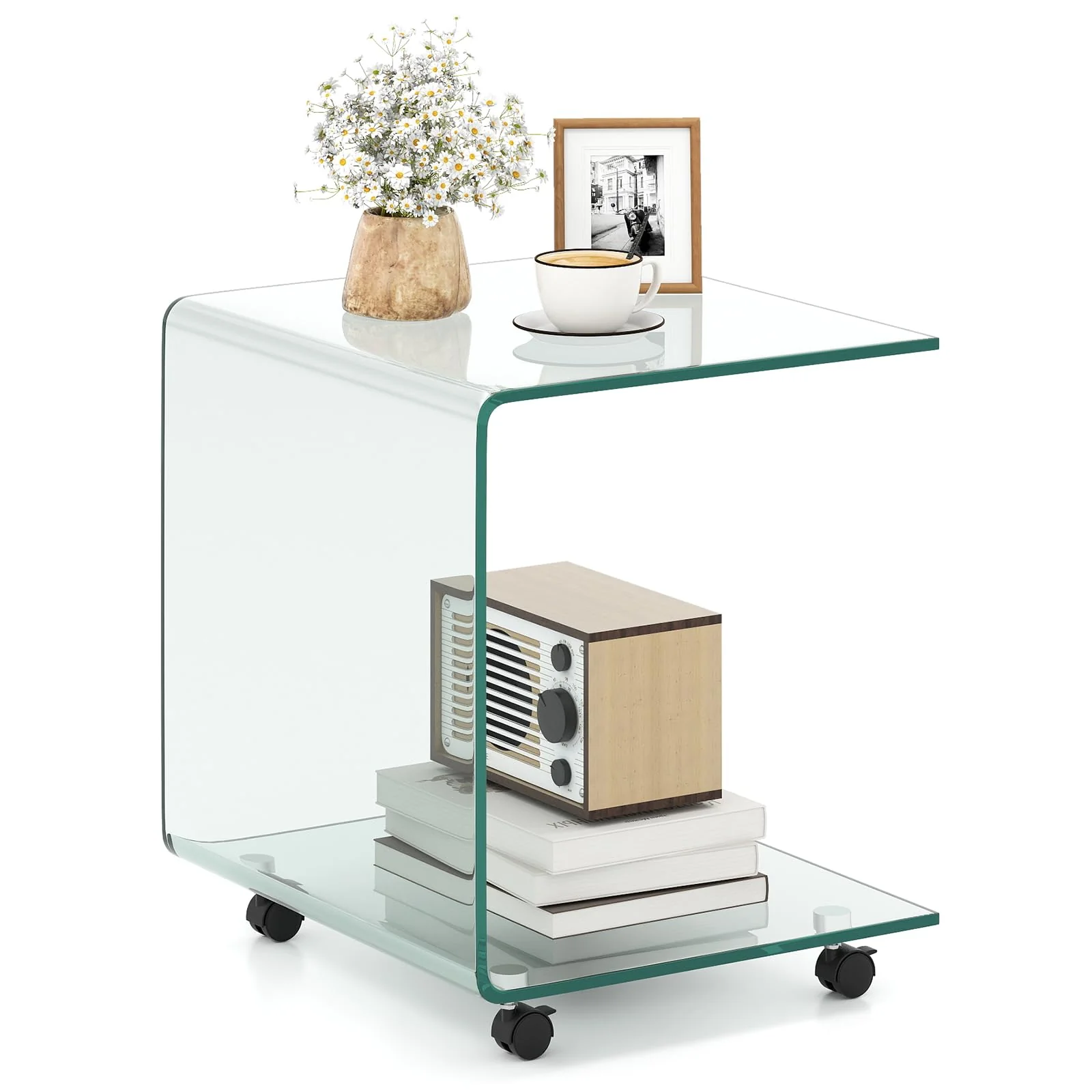 Tangkula Modern C-Shaped Tempered Glass Side Table