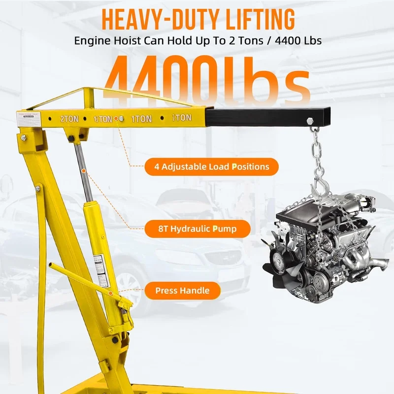 2 Ton Hydraulic Engine Hoist, Shop Crane, Cherry Picker with Telescoping Boom and 6 Casters for Garage Workshop Automotive Repair, Yellow - Image 2