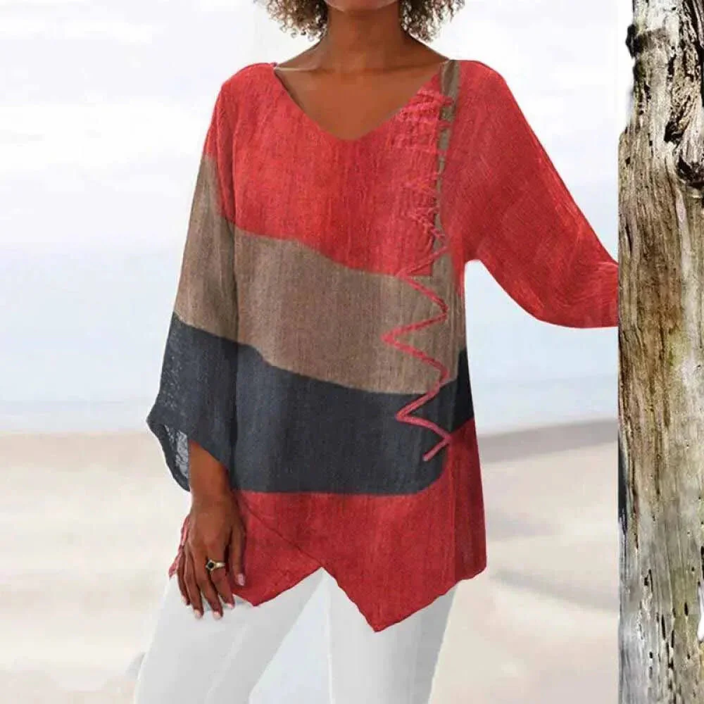 Chemisier tricolore féminin en tissu léger, élégant pour printemps-été