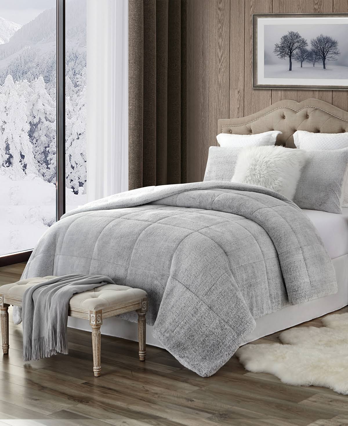 Swift Home Trendy Reversible Ultra Plush Faux Fur & Sherpa Comforter Set, Grey, Full/Queen