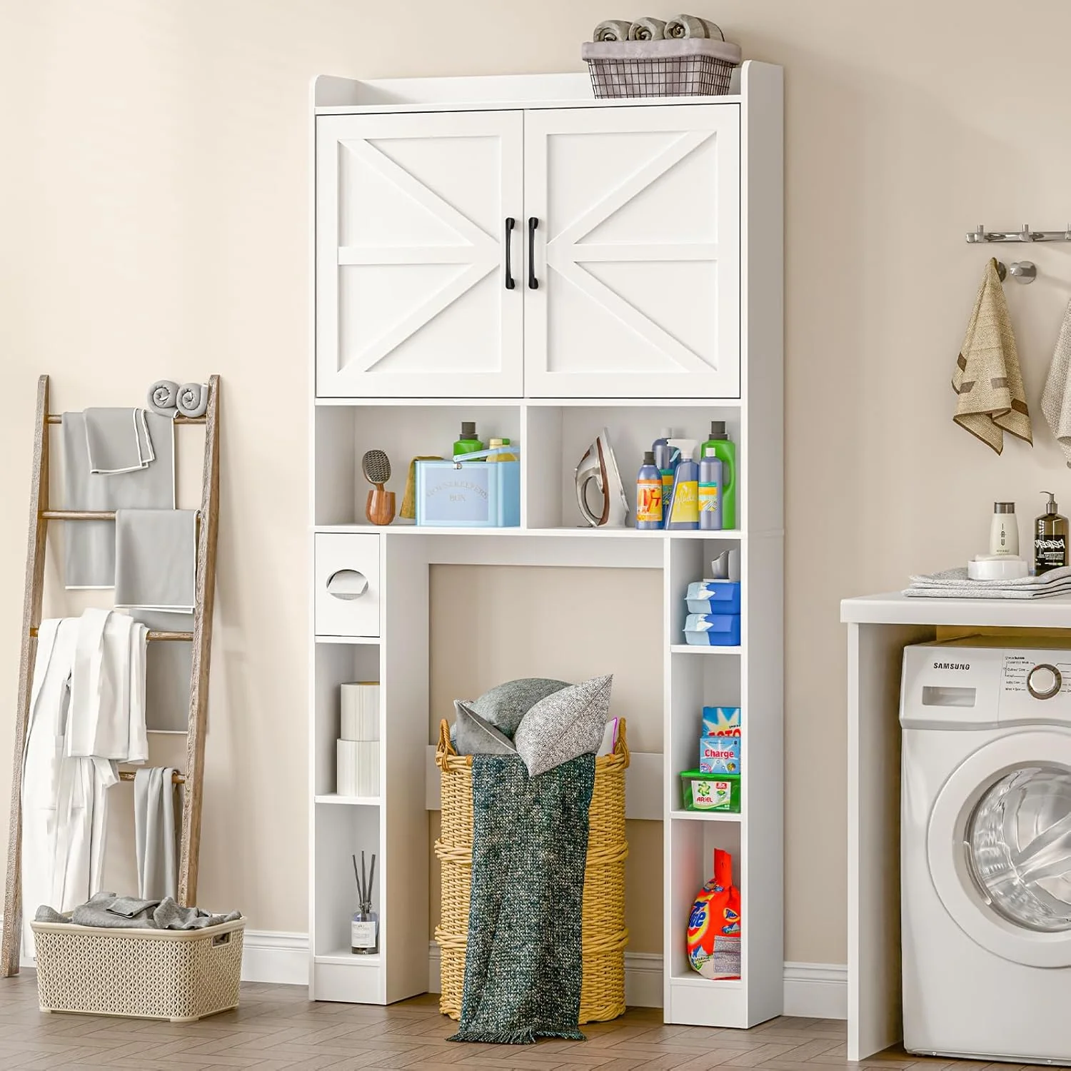 Over The Toilet Storage Cabinet with Toilet Paper Holder Stand, Above Toilet with Adjustable Shelf 2 Doors(Unique White) - Image 9
