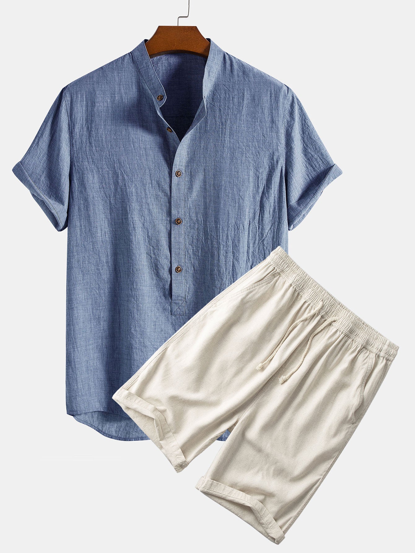 Chemise à manches courtes, demi-boutonnage, col Henley et short en lin et coton mélangés (28 cm).
