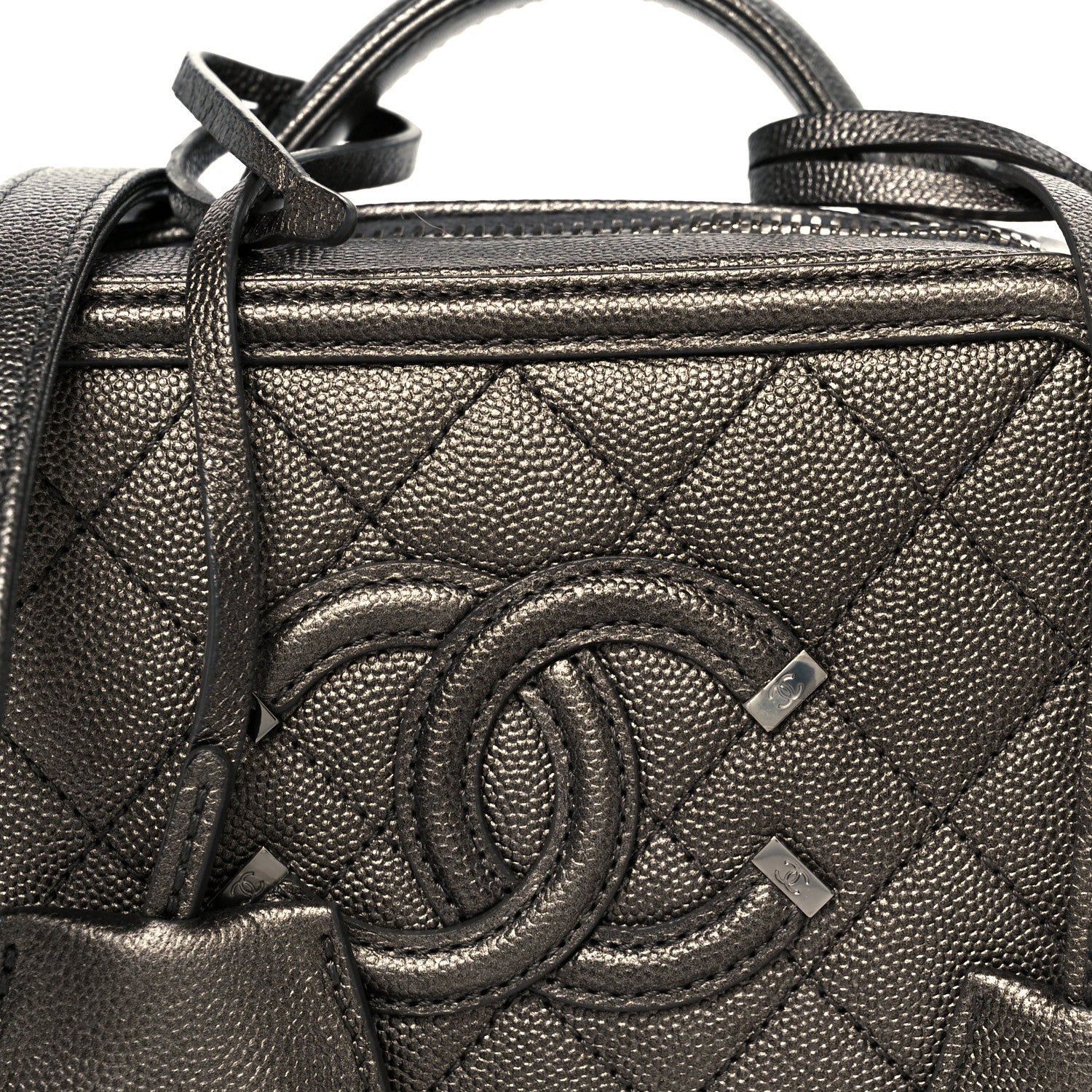 Metallic Caviar Quilted Small CC Filigree Vanity Case Dark Silver