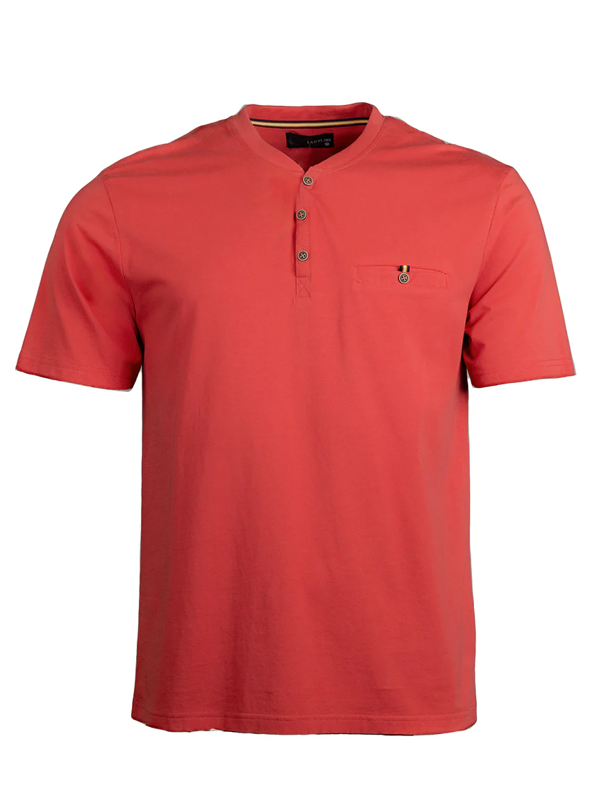 Tee-shirt homme en coton peigné col tunisien rouge tendre