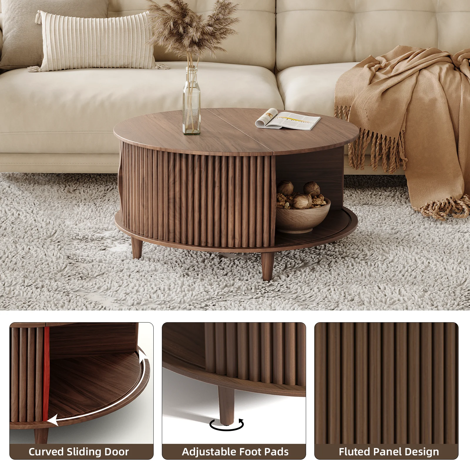 JOINICE Round Coffee Table with Storage and Sliding Door, Mid Century Modern Wooden Center Table, for Living Room, Walnut