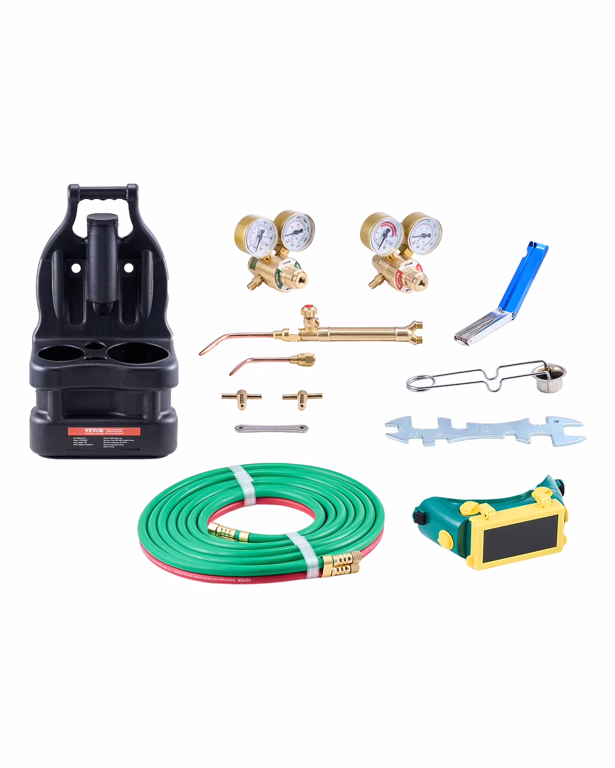 VEVOR Oxygen Acetylene Torch Kit, Gas Welding Torch Kit, 14PCS Portable Oxy Acetylene Brazing Set with 177'' Twin - Hose, 2 Welding Tips, Welding Torch, 2 Regulators, Cylinder Holder (without Cylinder)