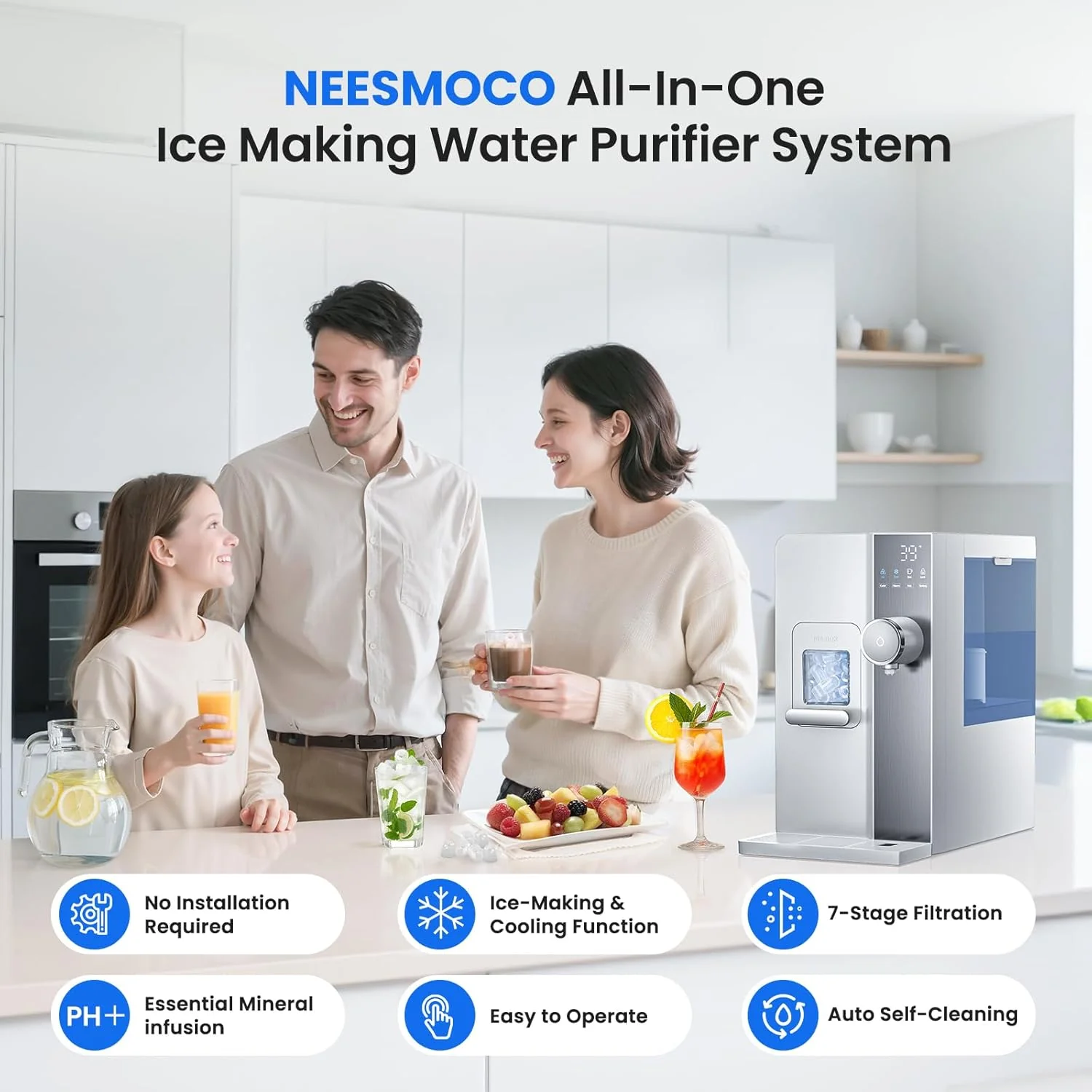 Distributeur d'eau filtrée avec machine à glaçons, 3 en 1, eau chaude et froide instantanée sur comptoir - Purification en 7 étapes avec reminéralisation, 7 options de température et 5 options de volume de distribution, portable, aucune installation.