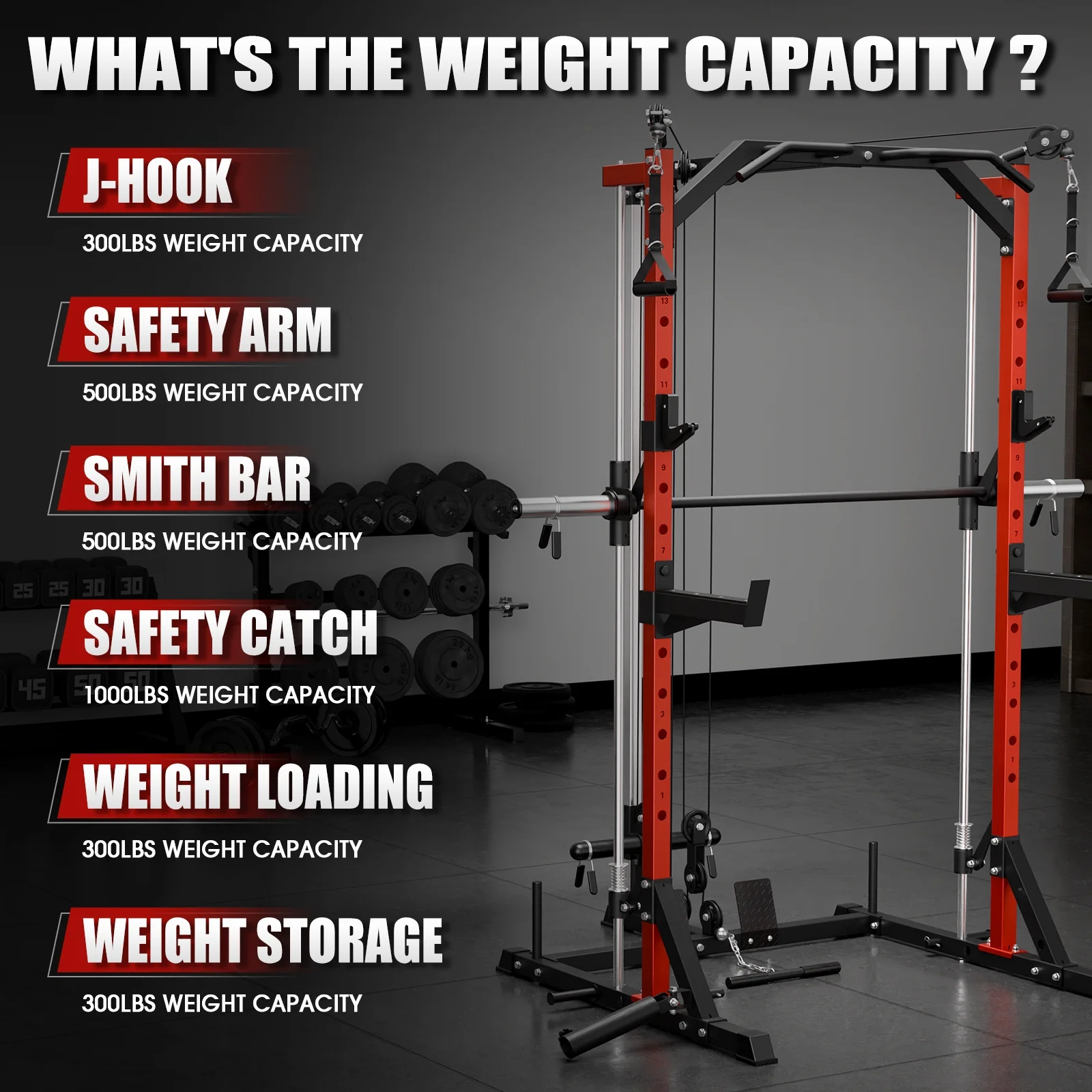 Compact 7-IN-1 Smith Machine With Cable Crossover System, 1000LBS Multi-Functional Squat Rack, Workout Station with Weight Bar, Bend Peg and Other Functional Attachments(Smith Machine) - Image 9