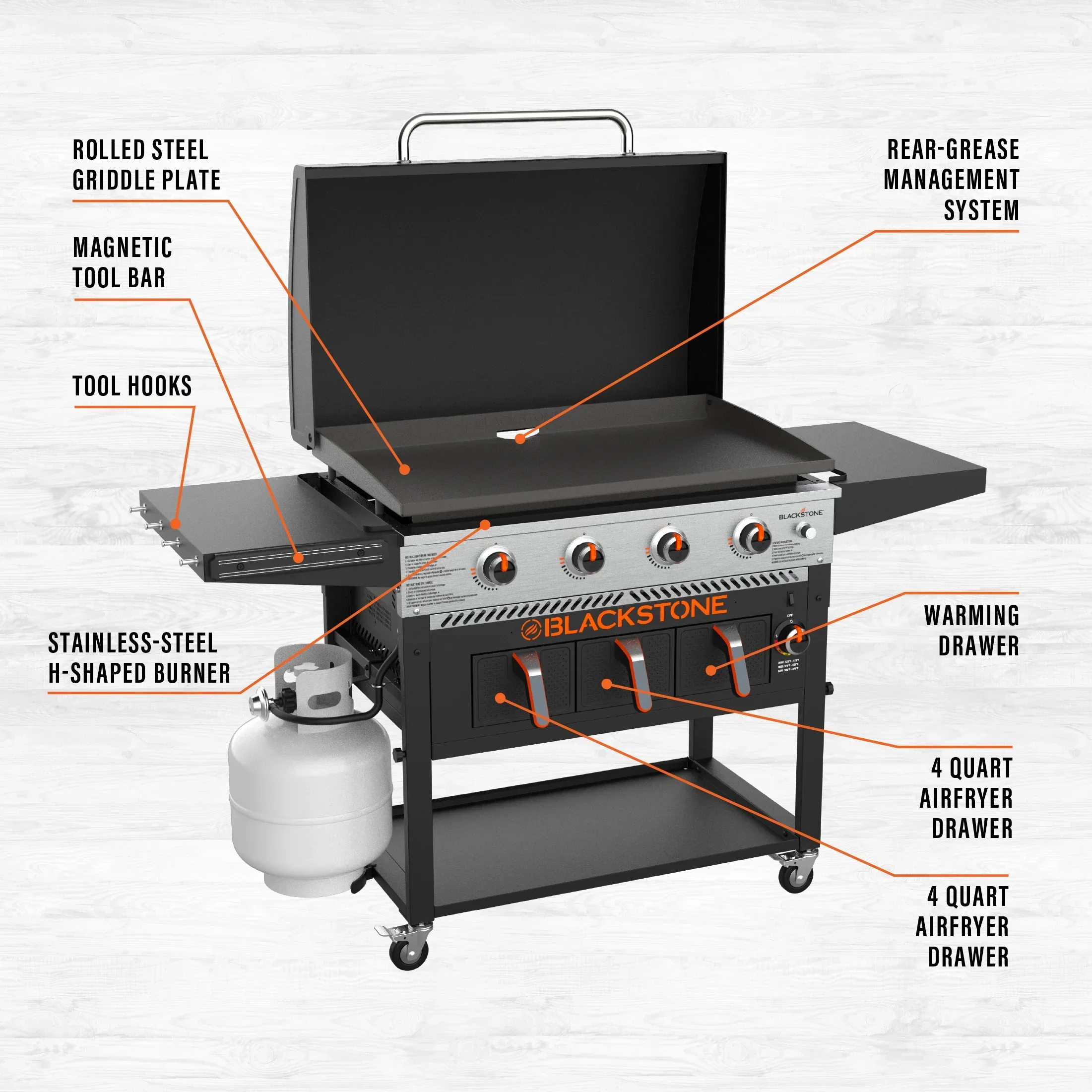 Plaque de cuisson au propane Blackstone à 4 brûleurs de 91 cm (36 po) avec friteuse à air et couvercle
