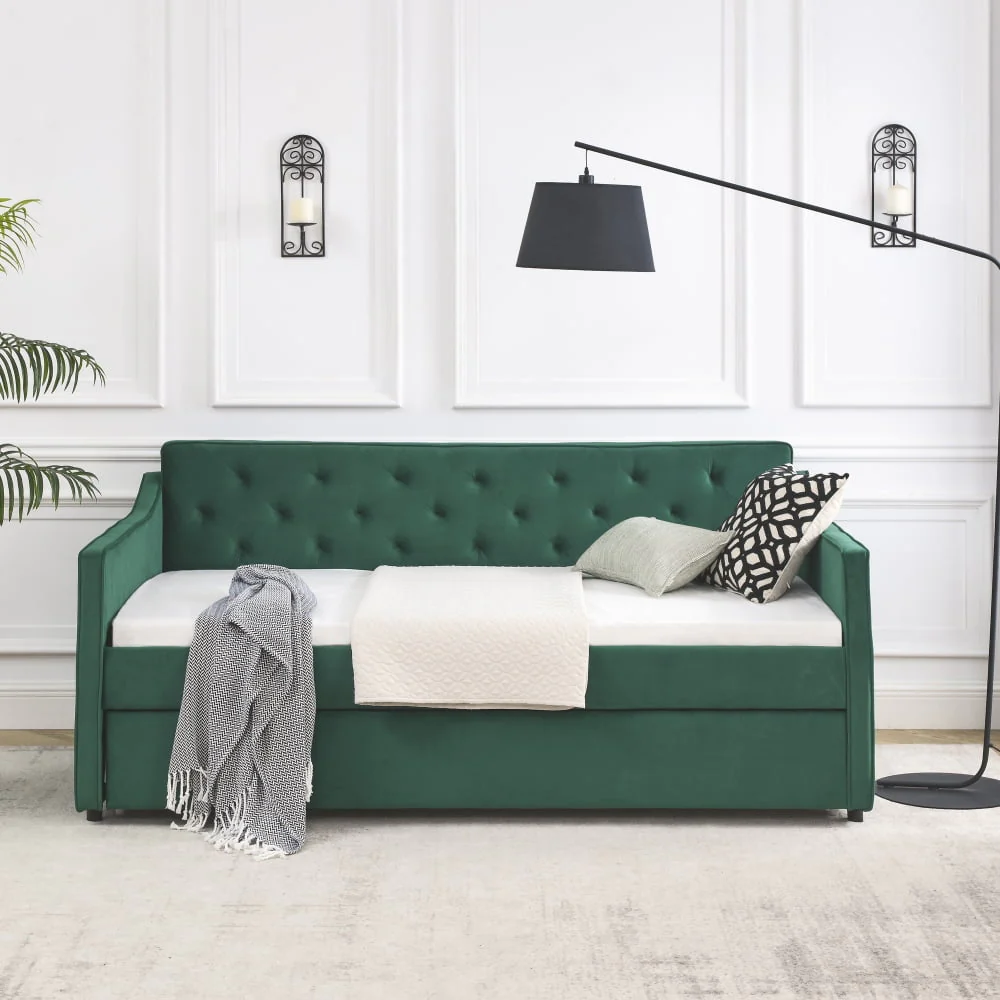 Twin Size Daybed with Trundle, Modern Button Tufted Linen Upholstered Sofa Day Bed Frame with A Roll Out Trundle, Bedframe Furniture for Bedroom Living Room Guest Room,Green Image 5