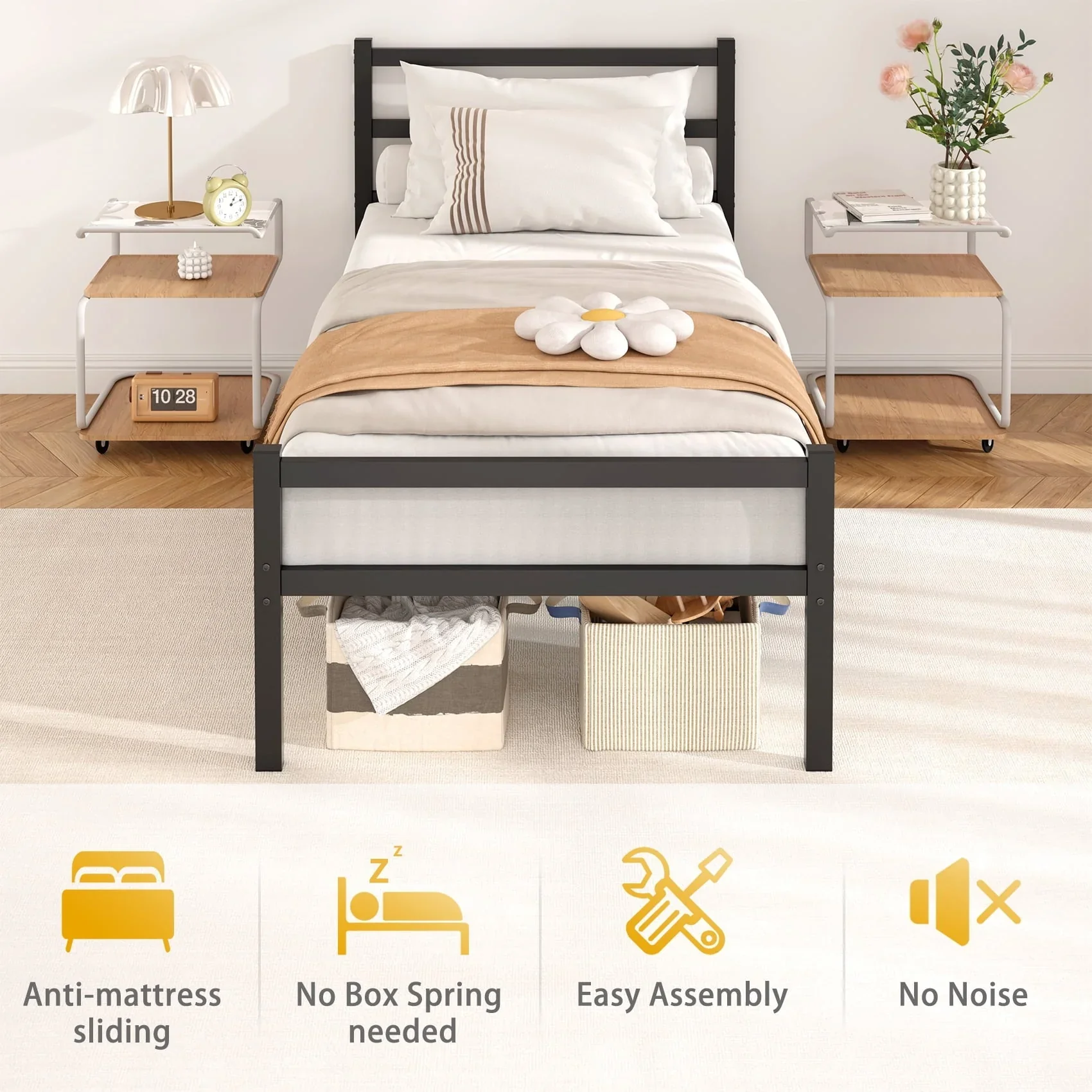Mr IRONSTONE Heavy Duty Twin Size Metal Platform Bed Frame with Headboard and Footboard 14 High Under Bed Storage Space, No Box Spring Needed, Black