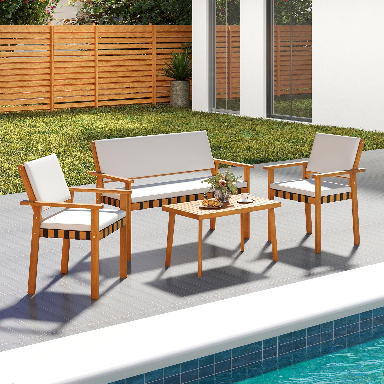 Tangkula Outdoor Acacia Wood Cuhioned Conversation Set with Coffee Table