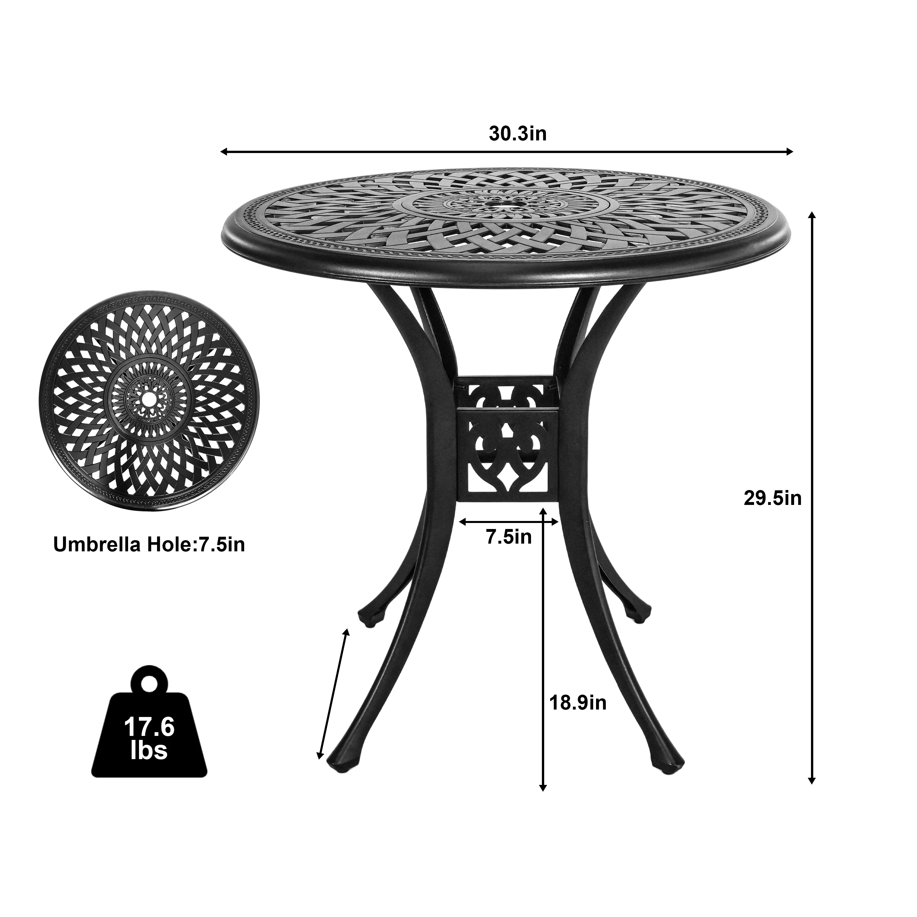 30 3 Inch Round Patio Table Cast Aluminum Patio Table,Metal Patio Dining Table with Umbrella Hole,All Weather Outdoor Bistro Dining Table for Backyard, Garden, Balcony, Black(Black) Image 4