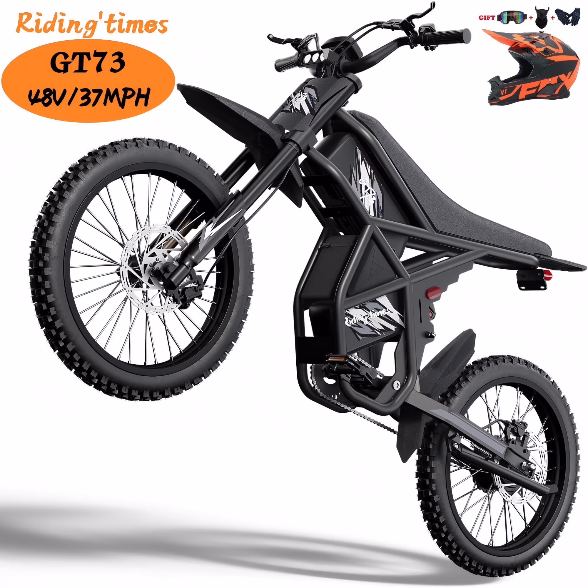 Ridingtimes GT73 Electric Dirt Bike for Adults 2400W 48V 37MPH 36.4AH Dual Battery 85 Miles Range 25