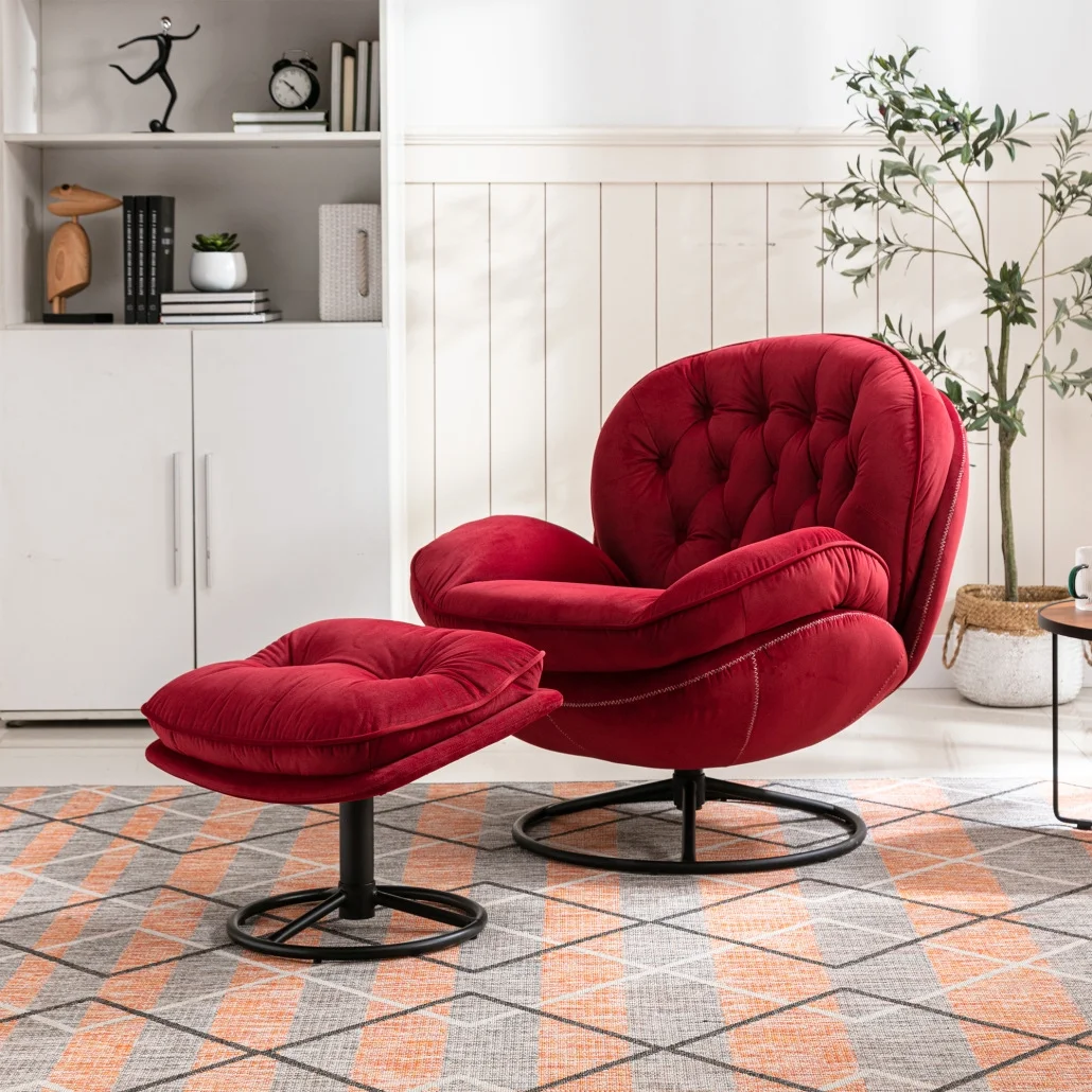Swivel Accent Chair with Ottoman, Velvet Single Sofa Reading Chair with Metal Frame, Modern Tufted Armchair Comfy Lounge Chairs with Footrest for Living Room, Bedroom, Office, Red(Red) - Image 3