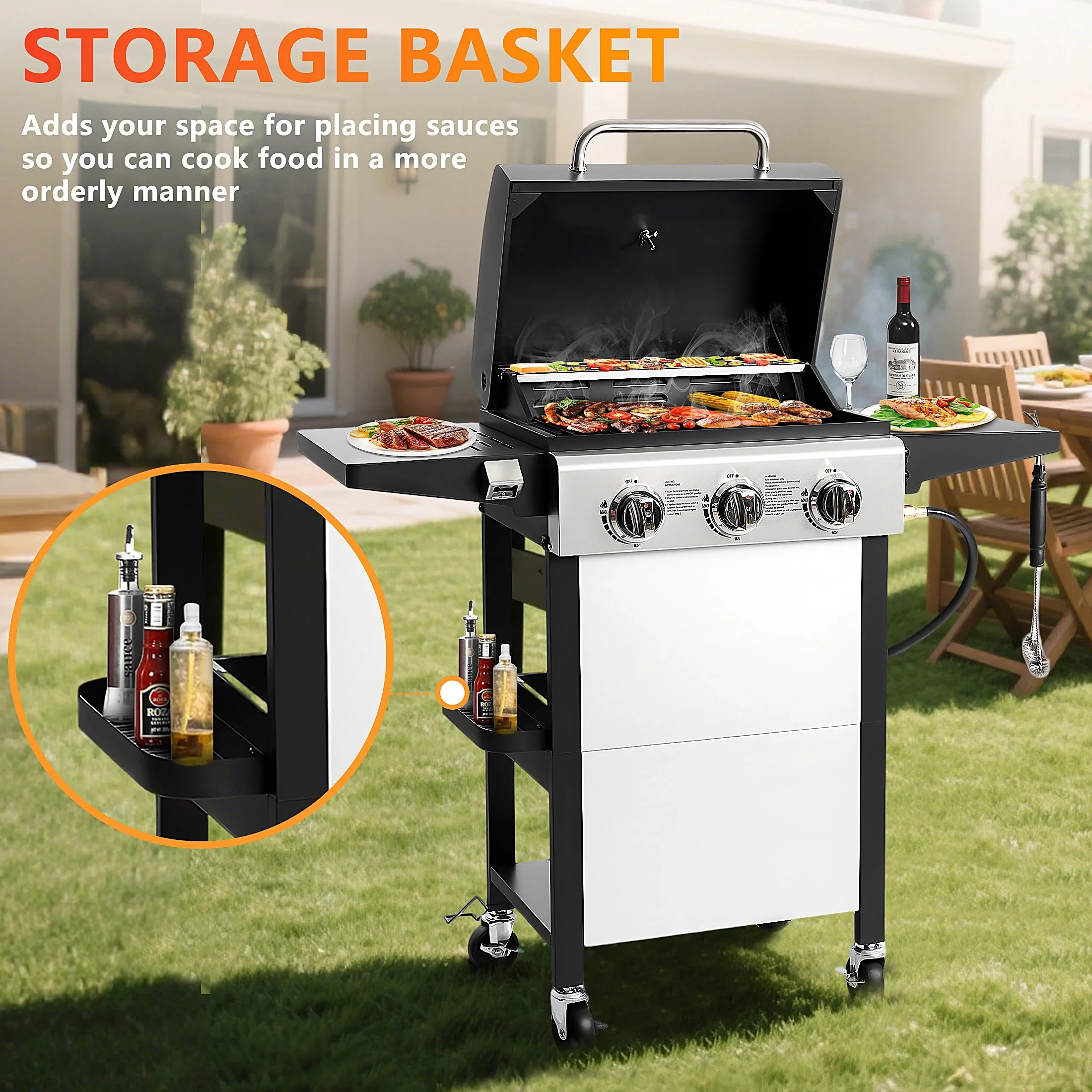 Segmart 3 Burner BBQ Propane Gas Grill, Stainless Steel 30,000 BTU Patio Garden Barbecue Grill with Folding Side Tables, Hanging Basket & Thermometer, Perfect for Camping, Outdoor Cooking