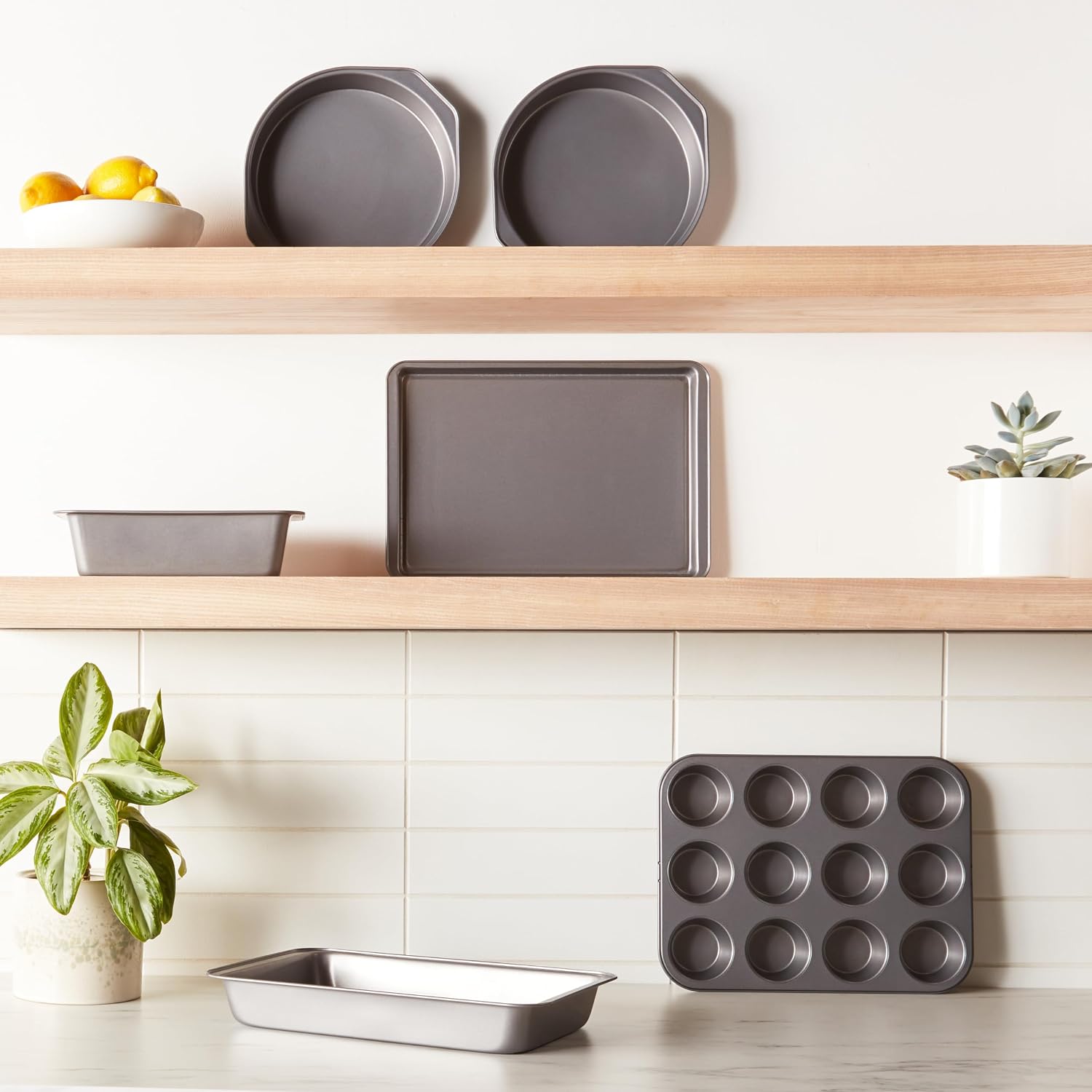 Amazon Basics 6 Piece Nonstick Carbon Steel Bakeware Set with Cake, Muffin, Cookie, and Loaf Pans, Easy Release, Oven Safe, 16.25 x 11.75 x 6.25 inches
