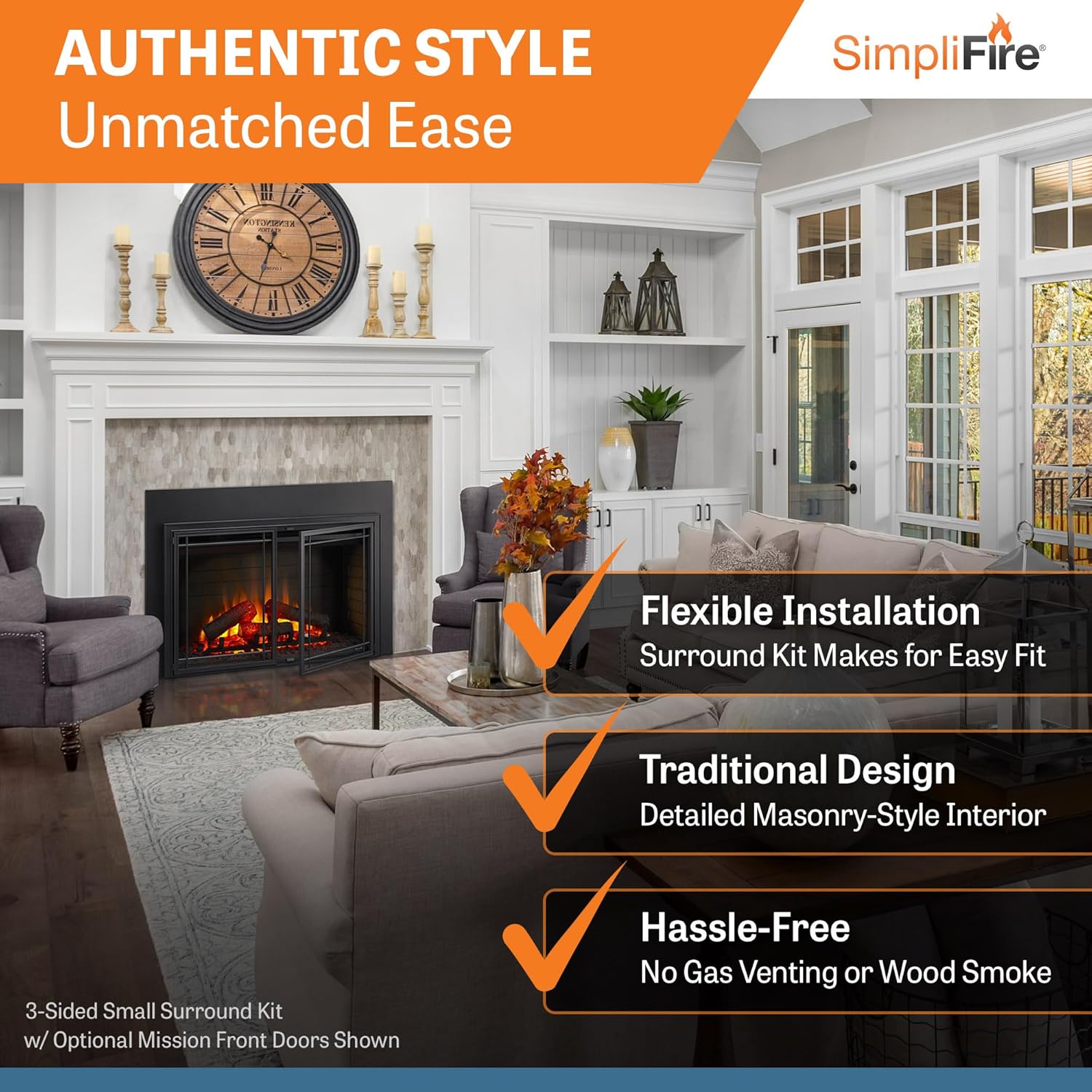 SimpliFire 35-Inch Electric Fireplace Insert, Large Black Surround, 44