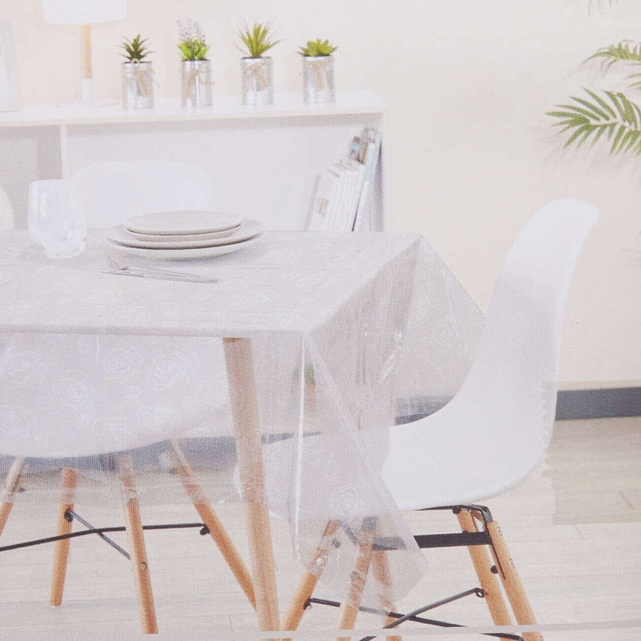 Nappe rectangulaire en plastique transparent motif fleur tourbillon 140x240 cm