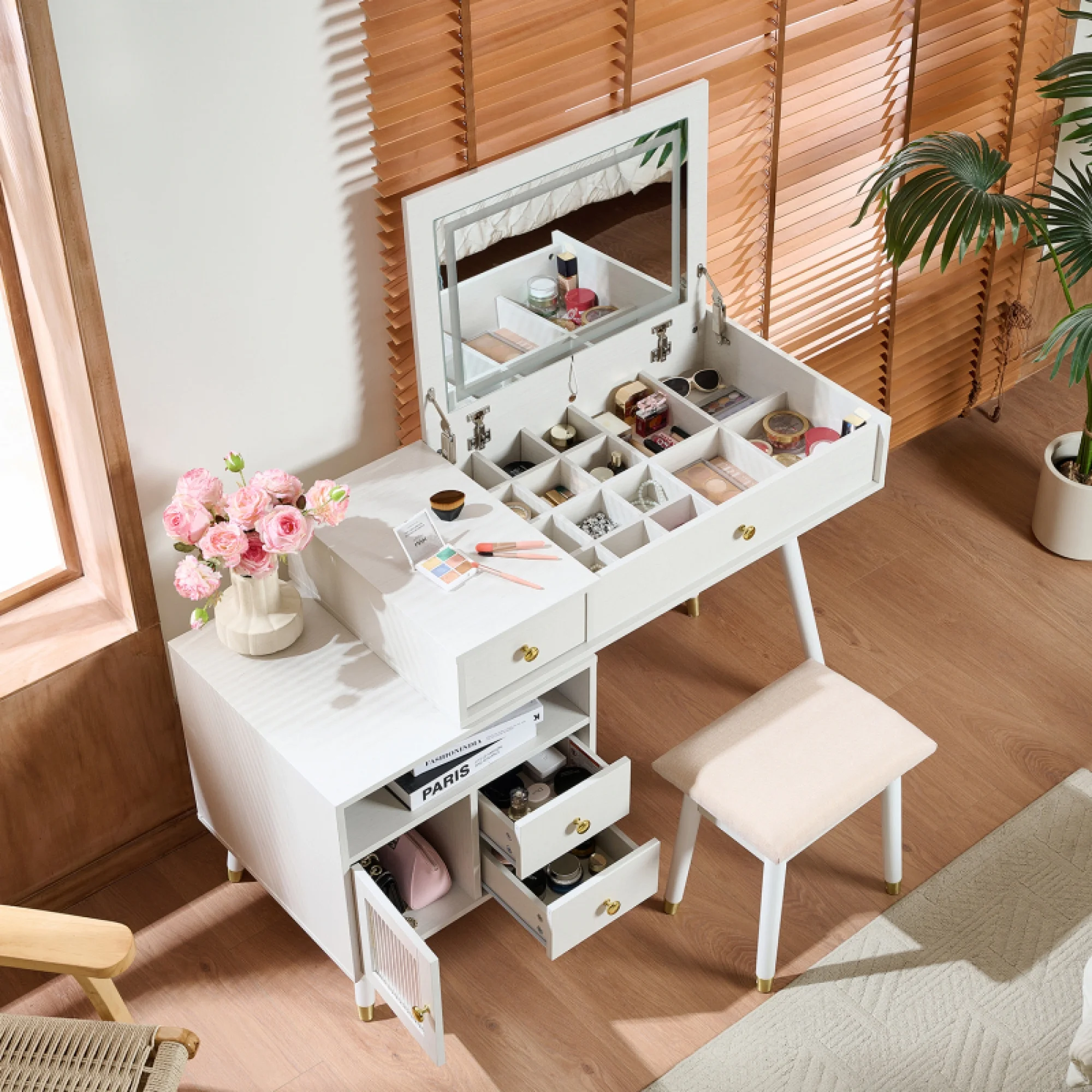3-in-1 Vanity Desk with Lighted Flip-Top Mirror Adjustable Cabinet, Makeup Dressing Table with Stool, Dresser with Drawers for Bedroom, White(White) - Image 2