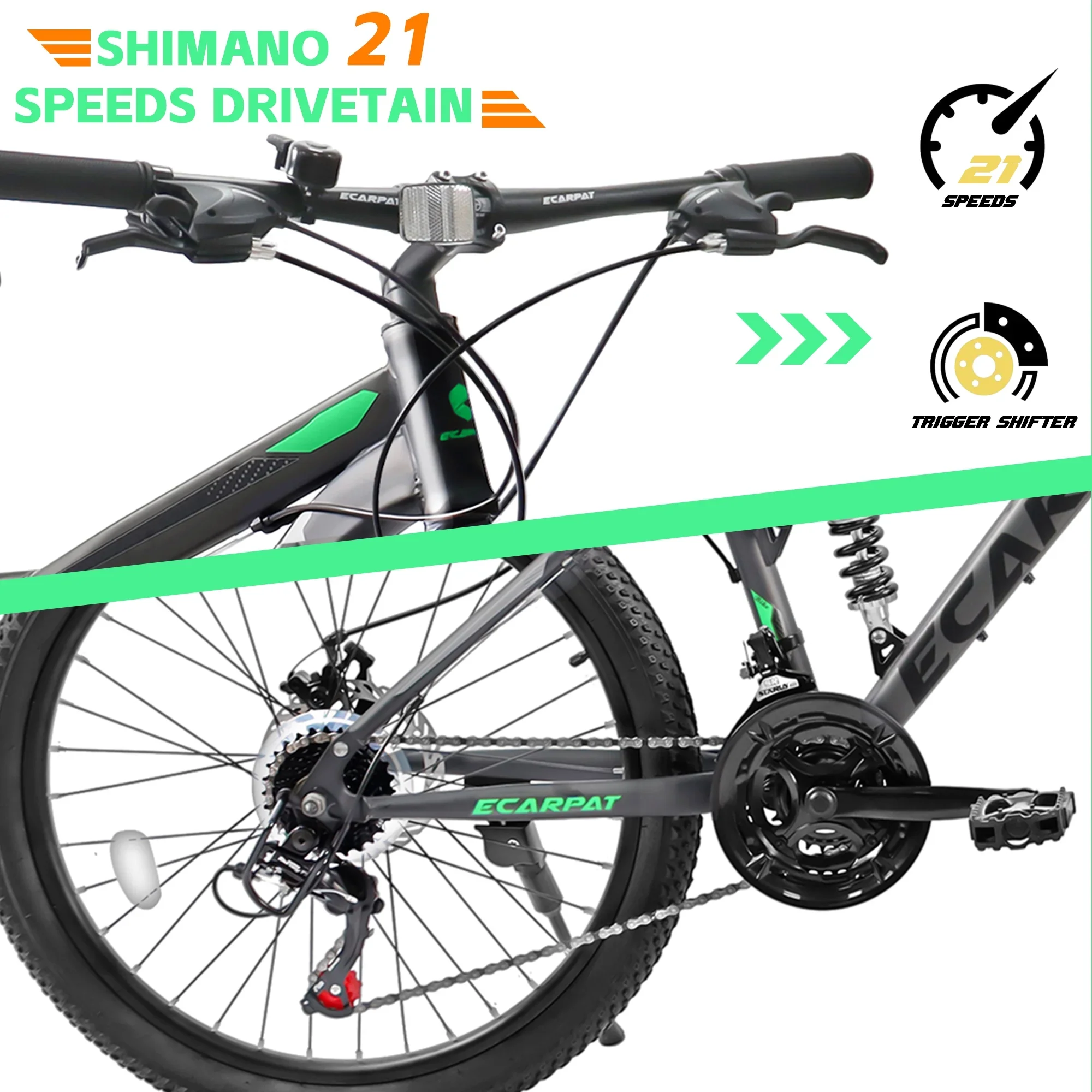 27.5 Inch Dual Full Suspension Mountain Bike, 21-Speed Mountain Bike with Dual Disc Brakes and Carbon Steel Frame, Trail Beach Snow Commuter City Bicycles for Adult Men Women, Black