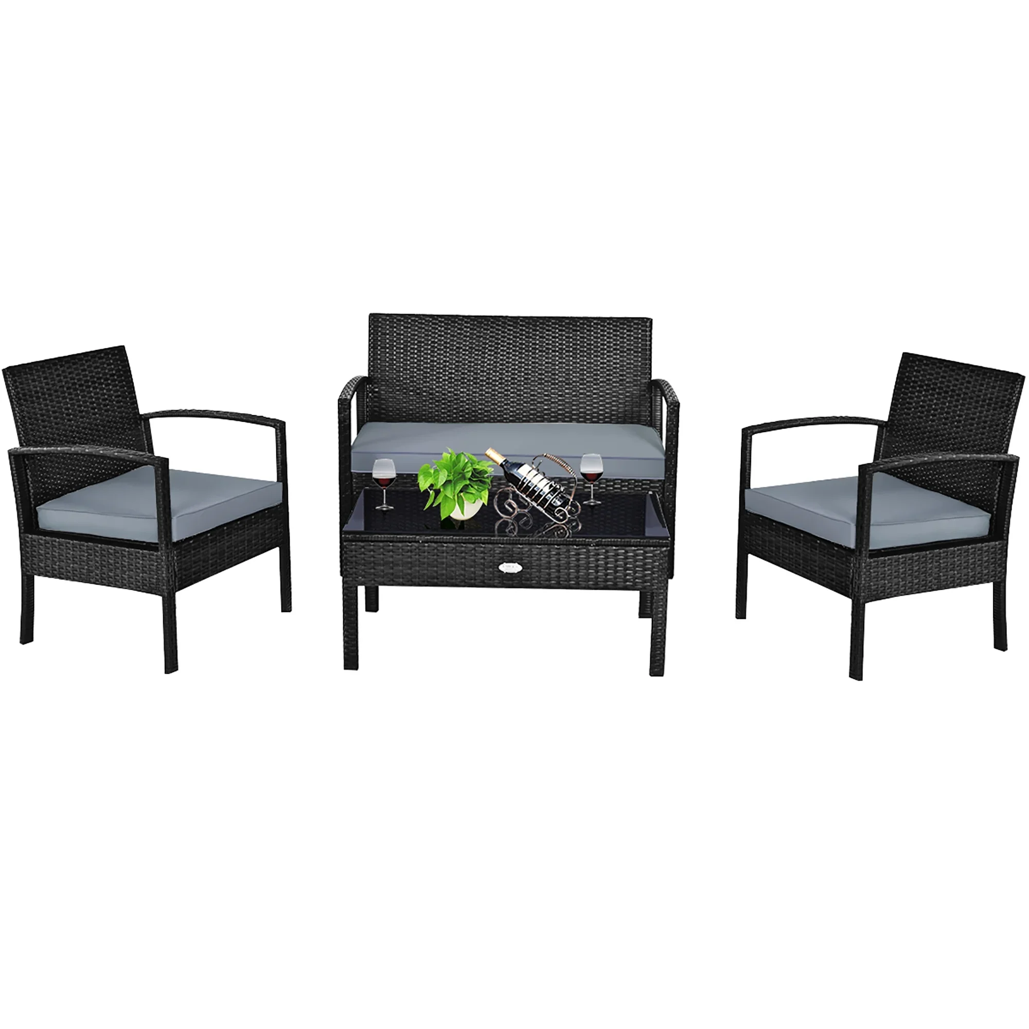 Costway 4PCS Patio Rattan Wicker Furniture Set Loveseat Sofa Cushioned Garden Yard Brown