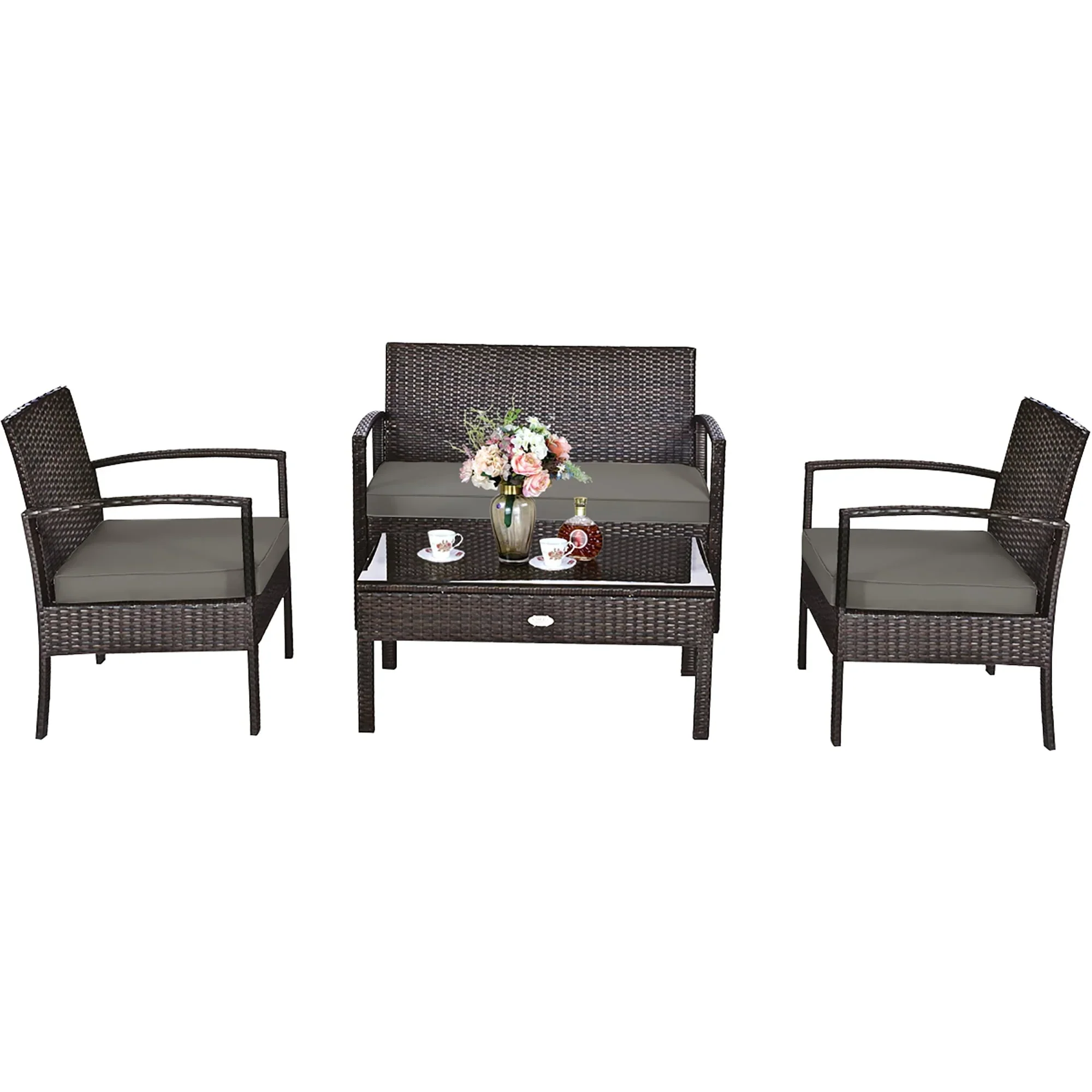 Costway 4PCS Patio Rattan Wicker Furniture Set Brown Loveseat Sofa Cushioned Garden Yard Brown