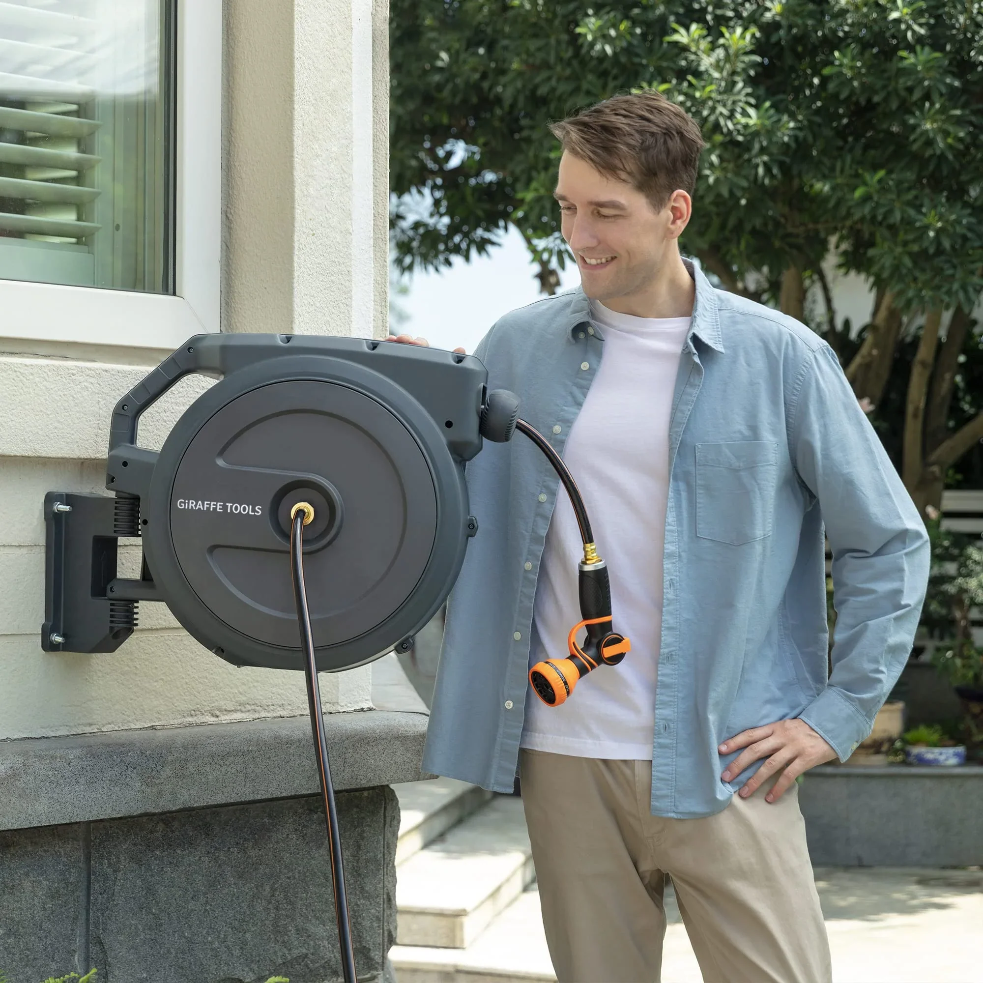 Giraffe Tools Retractable Garden Hose Reel with 1/2in-78ft Hose, Metal Bracket, Wall Mounted, Dark Grey