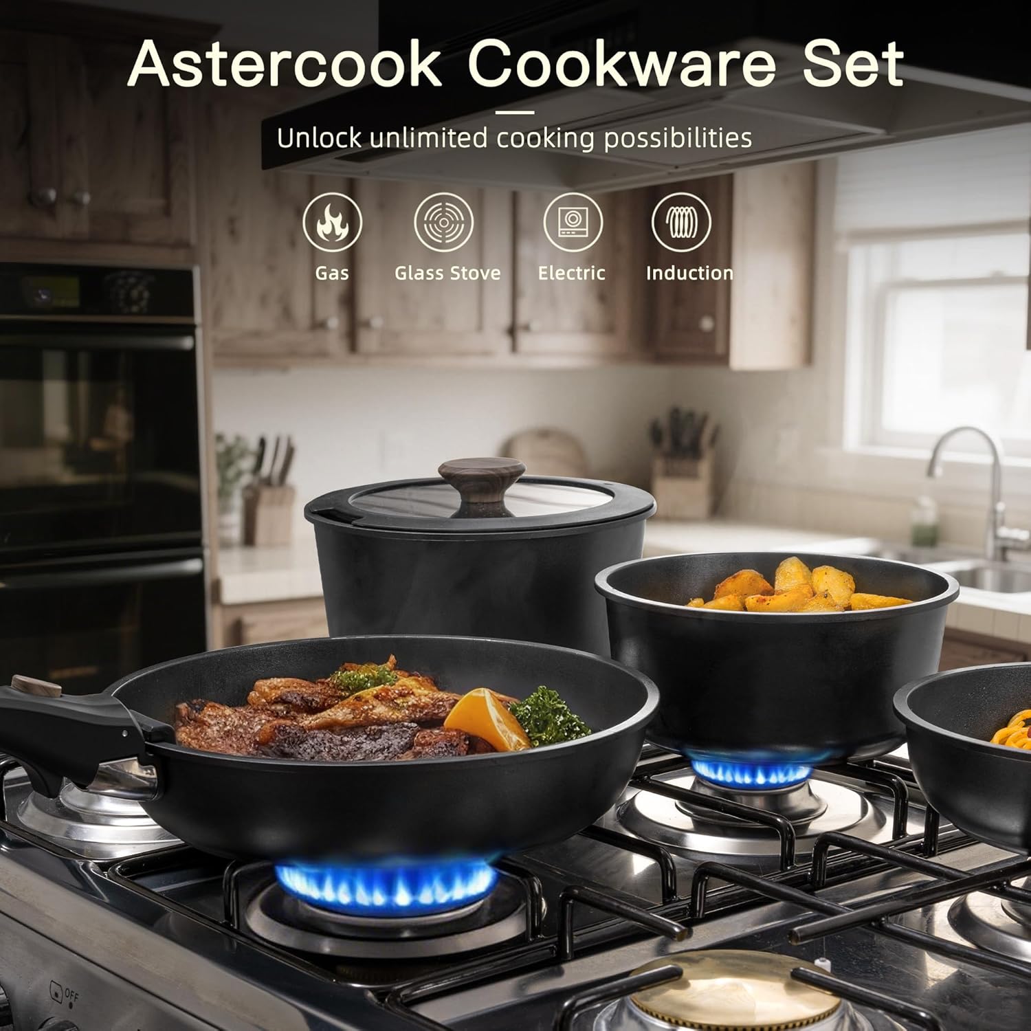 Astercook 21 Pcs Pots and Pans Set Non Stick, Ceramic Cookware Set with Detachable Handle, RV Kitchen Cooking Set with Removable Handles, Oven Safe, Induction Ready, Stackable, Black, Father's Day Gift for Men